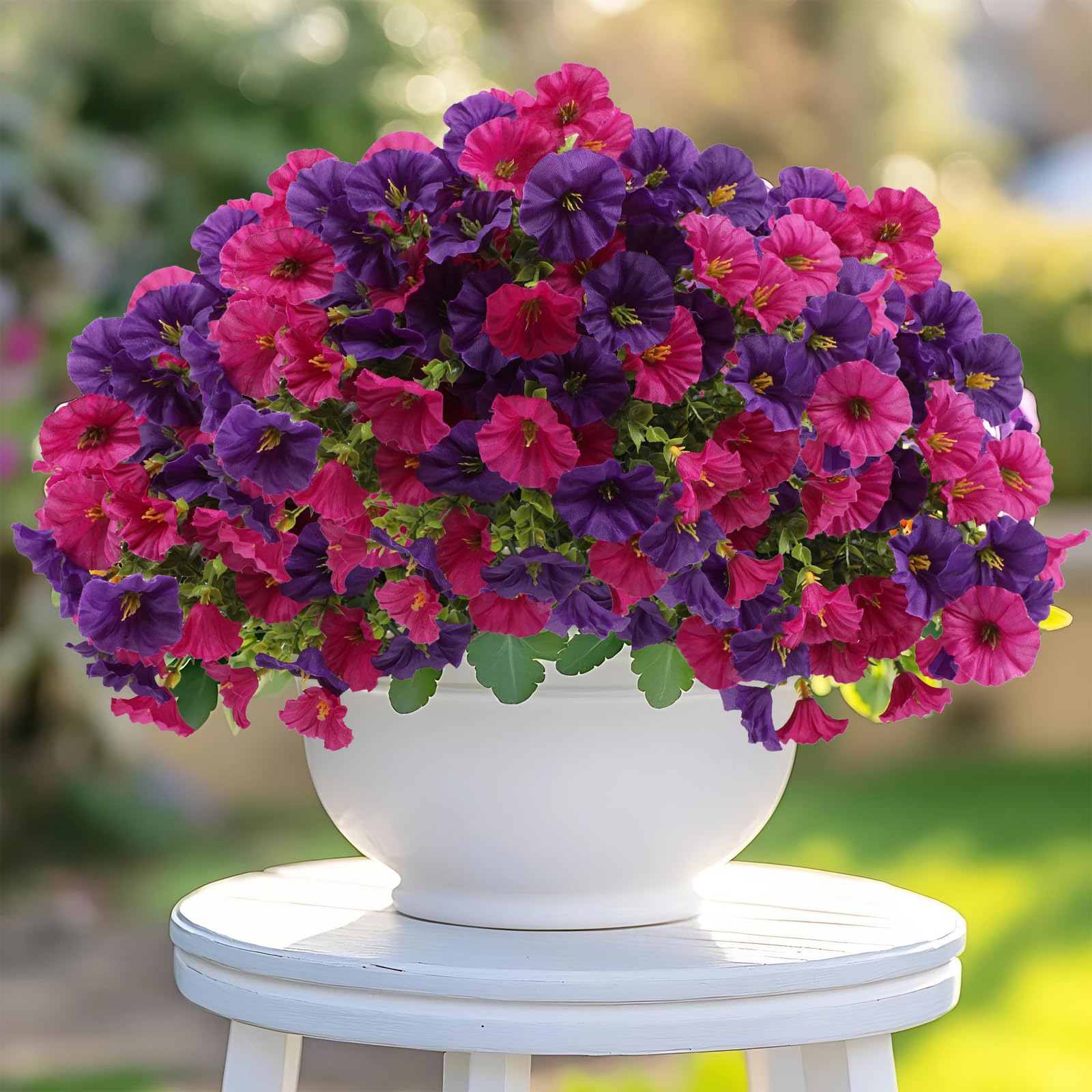 12 Bundles Artificial Flowers for Outdoors Decoration, Fake Silk Morning Glory Flowers Faux Eucalyptus Plants UV Resistant for Patio Garden Home Decor (Hot Pink+Purple) image 5