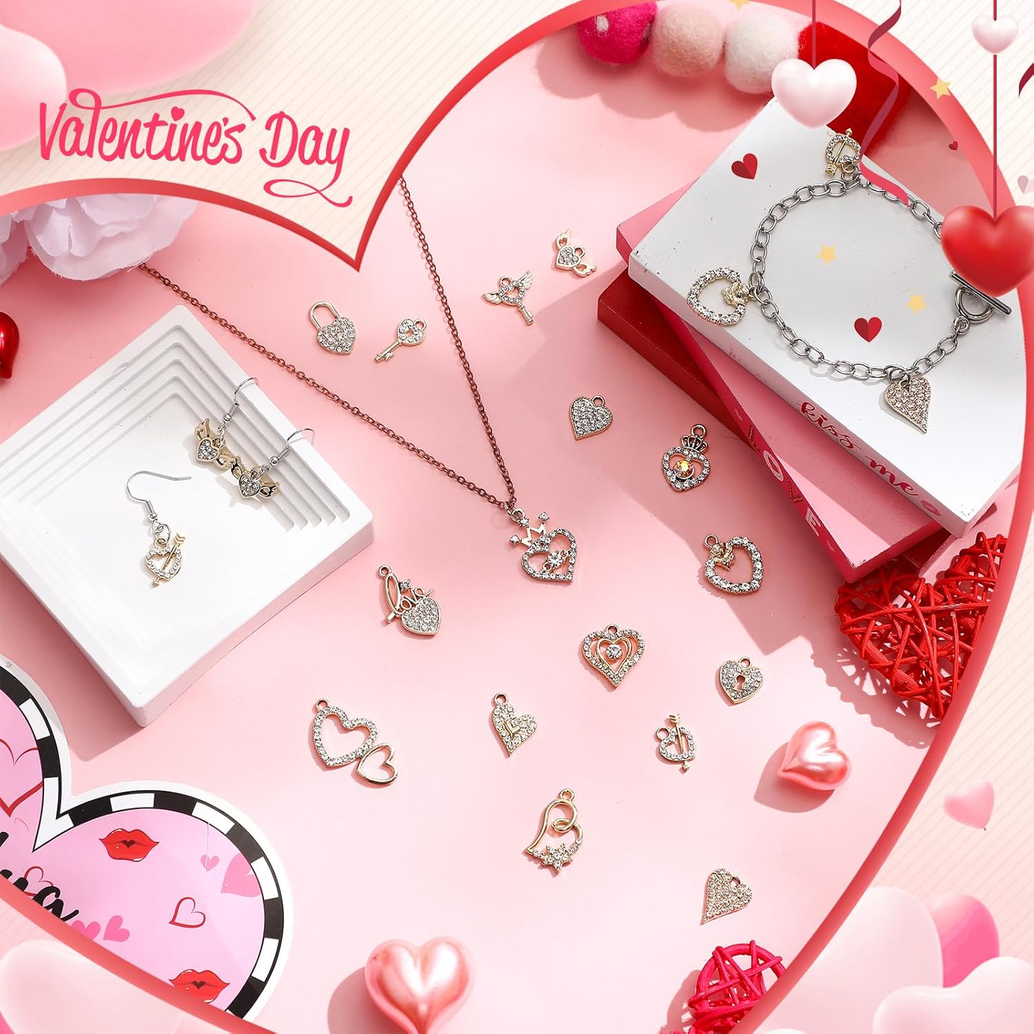 Kenning 48 Pcs 12-31mm Valentine Heart Rhinestone Charms Bulk Alloy Sweet Heart Charms Crystal Dangle Pendants for DIY Bracelet Necklace Earring Jewelry Making Supplies - Image 3