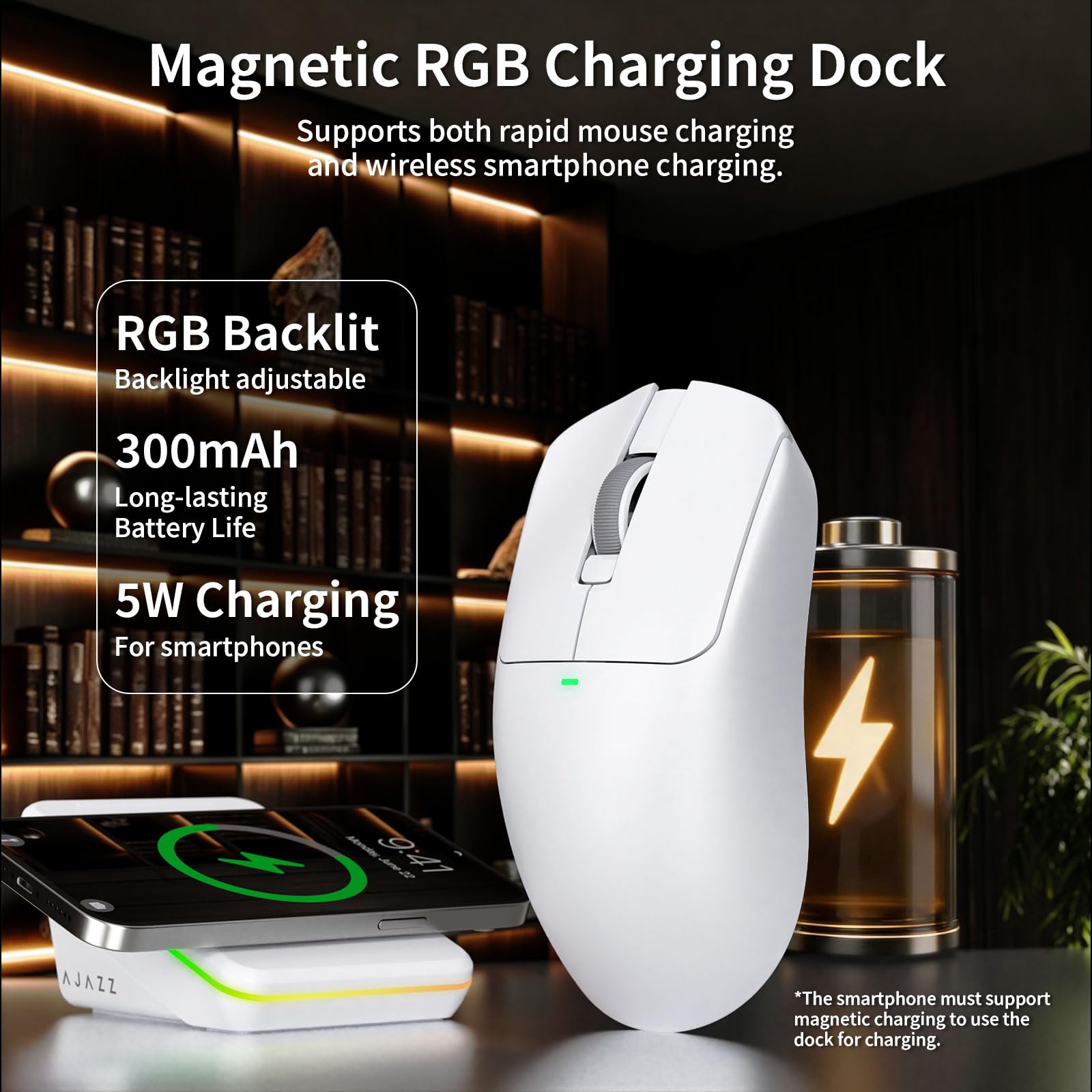 A.JAZZ AJ200P Mouse da Gioco Wireless con Prompt AI & Base di Ricarica RGB | Tri-Mode BT/2.4G/Cablato Leggero con Digitazione Vocale AI, Sensore PAW3311, 24K DPI, 1000Hz per Ufficio/Gaming - Bianco