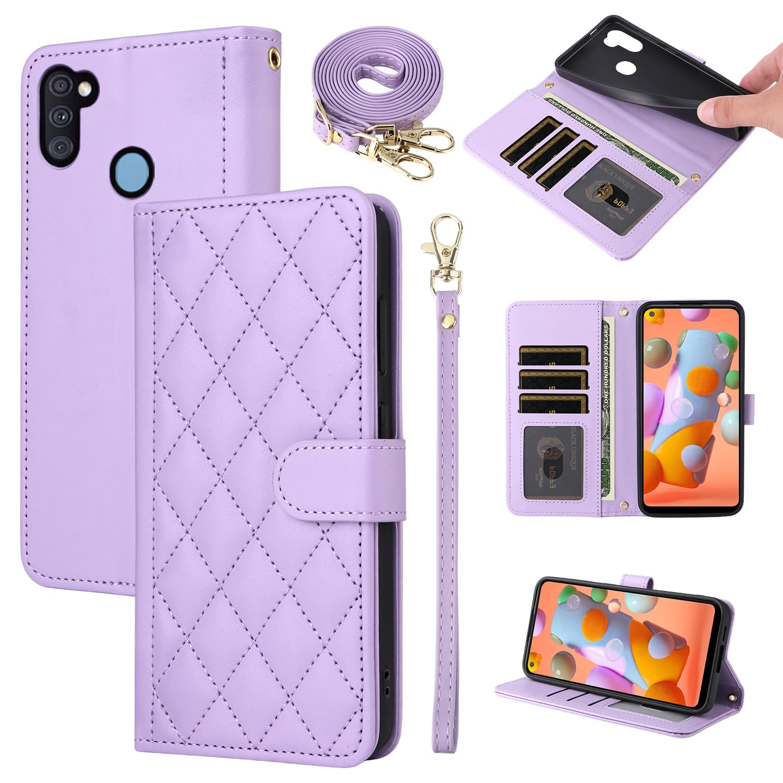 Furiet Argyle Wallet Case for Samsung Galaxy A11/M11 with Detachable Wrist Strap Shoulder Strap Card Slot Folio Purse Luxury PU Leather Stand