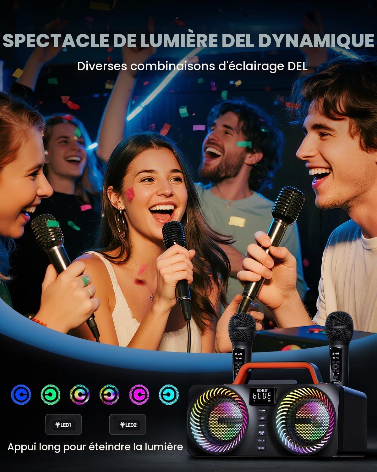 Machine de Karaoké SORDA Pour Adultes ET Enfants, Enceinte Bluetooth Portable 80 W, 2 Microphones Sans Fil, Réglage de L’éCho, Compatible USB/Aux, Idéale Pour Les Fêtes en Intérieur et en Extérieur
