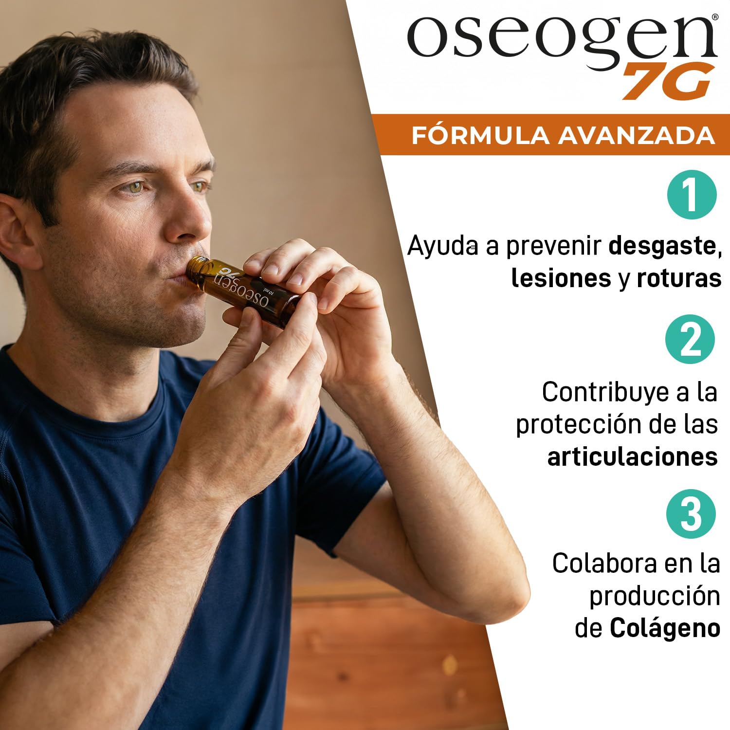 Drasanvi OSEOGEN 7G con Cissus Vitis, Condroitina, Glucosamina, MSM y Cúrcuma para Huesos, Cartílagos y Articulaciones,ayuda en la Regeneración de Tejidos Dañados, 20 Viales = 20 Días, Sabor Naranja
