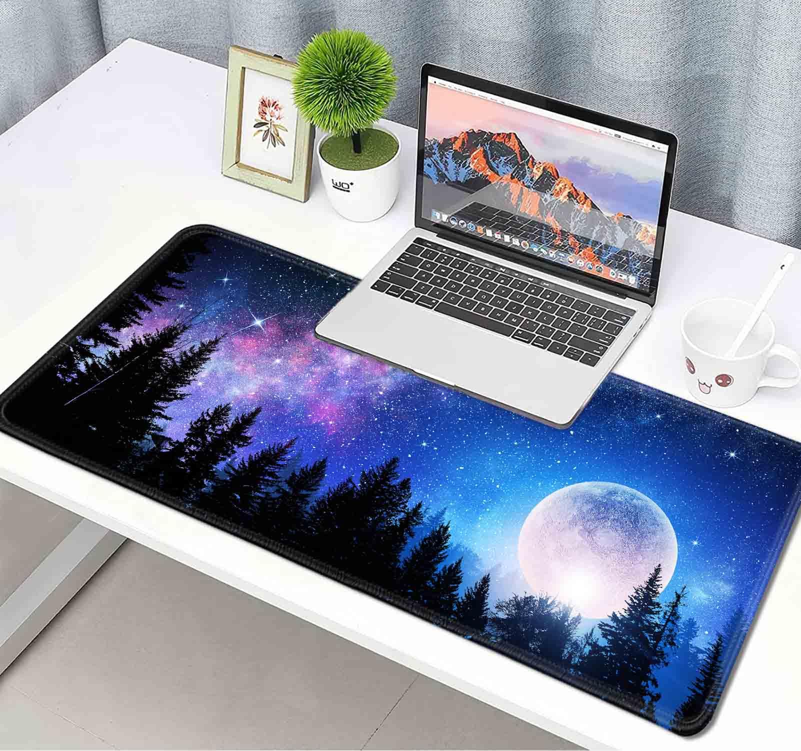 Rozszerzone duże podkładki pod mysz na biurko – ponadwymiarowa antypoślizgowa mata na biurko z klawiaturą komputerową dla graczy, do pracy i domowego biura, 90 x 40 cm (galaktyka las księżyc)