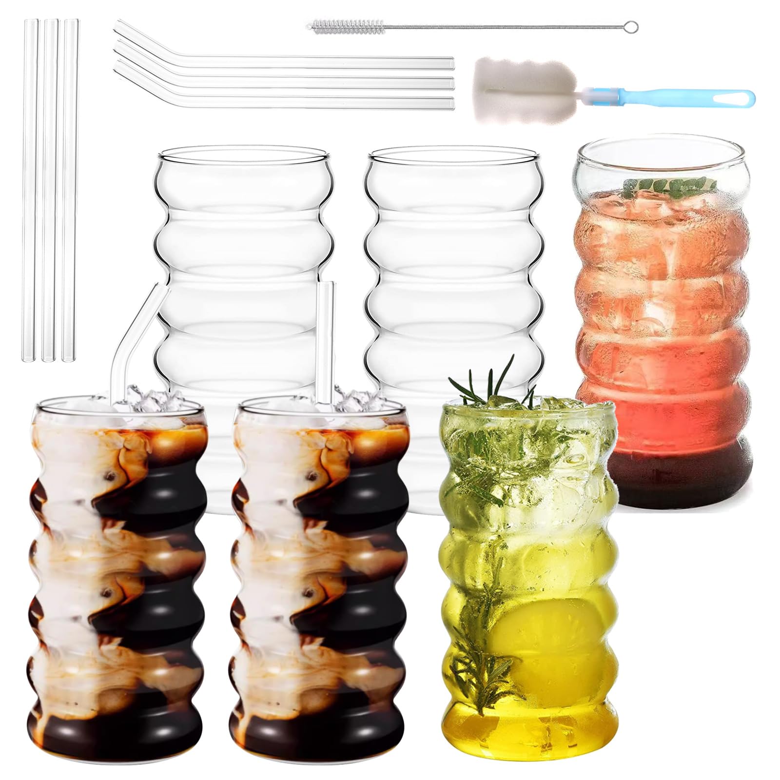 6 Stück Bubble Gläser 450ml Gerippte Trinkgläser, Kaffee Gläser mit Glasstrohhalme, Eiskaffeegläser mit Pinsel, Bubble Glas, Kaffeegläser, Bubblegläser Geriffelt für Wasser Trink Saft