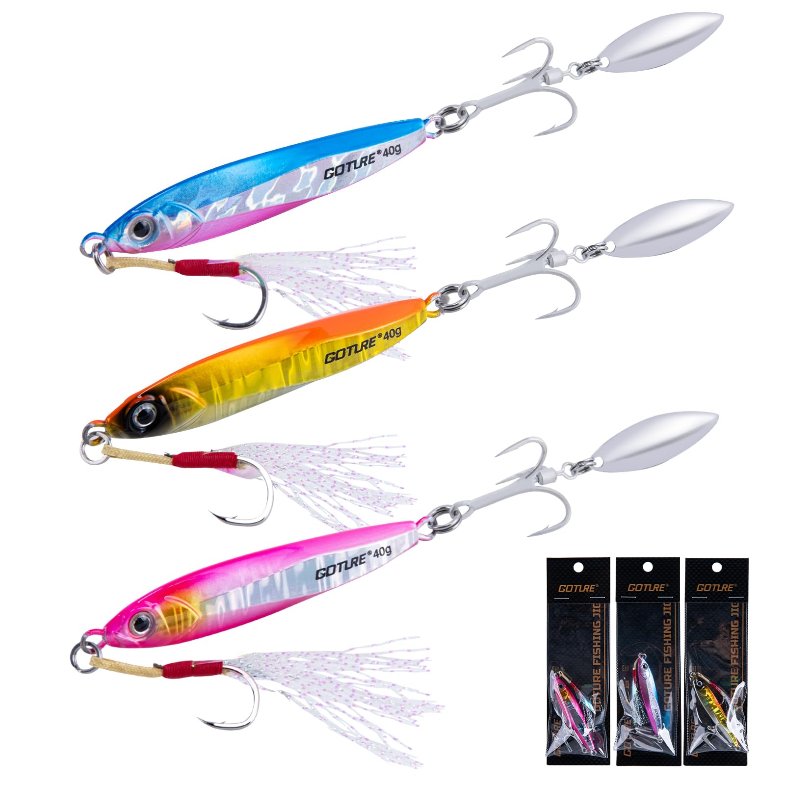 Goture Fishing Jigs, 40g 60g Vertical Jig Saltwater Freshwater, Jig Fishing Lures with Assist Hooks and Treble Hook, Jigging Spoon Lures for Tuna, Salmon,Striped Bass, Grouper Snapper,Kingfish