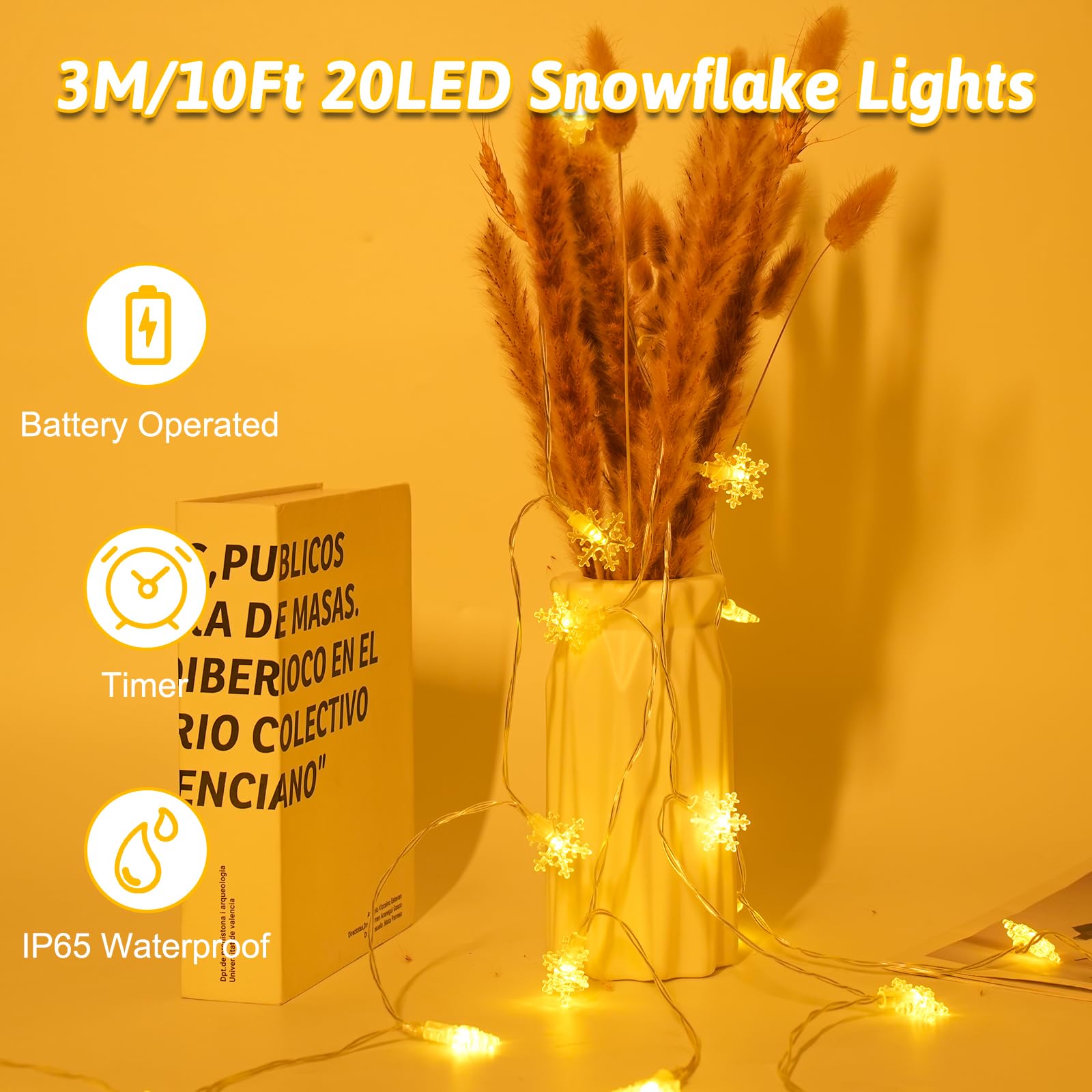 Guirlande lumineuse de Noël avec minuteur, flocon de neige, batterie pour extérieur et intérieur, étanche, pour décoration de Noël, 3 m, 20 LED, blanc chaud