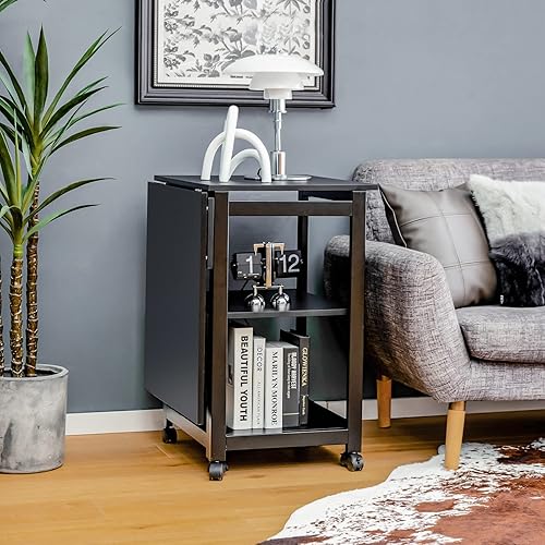 Miniatura 4 de Tangkula Escritorio plegable para computadora, mesa de escritura moderna con estantes de almacenamiento de 2 niveles, mesa de estudio para