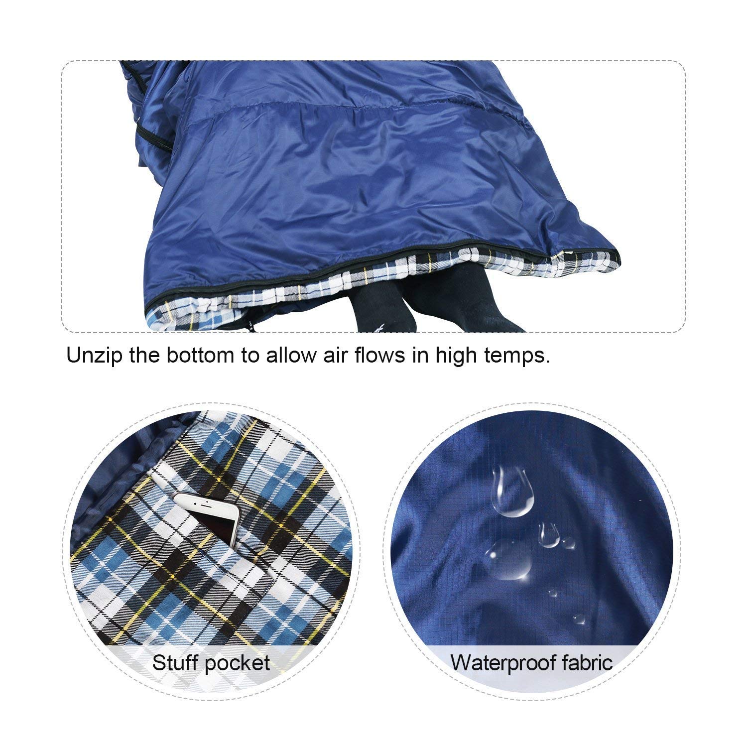 REDCAMP Grand sac de couchage pour adulte, sac de couchage en coton avec capuche pour 3-4 saisons d'hiver froid camping pêche