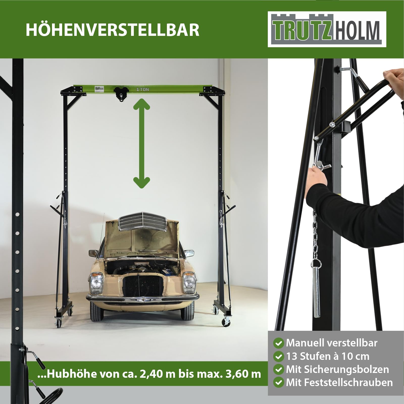 TRUTZHOLM Portalkran mit Laufkatze I Tragkraft 1 t I Stahl I Hubhöhe 2400-3600 mm I Durchfahrtsbreite 2400 mm I Mobiler Kran mit 360 Grad Lenkrollen I Brückenkran Portalhubkran für Werkstatt Lager