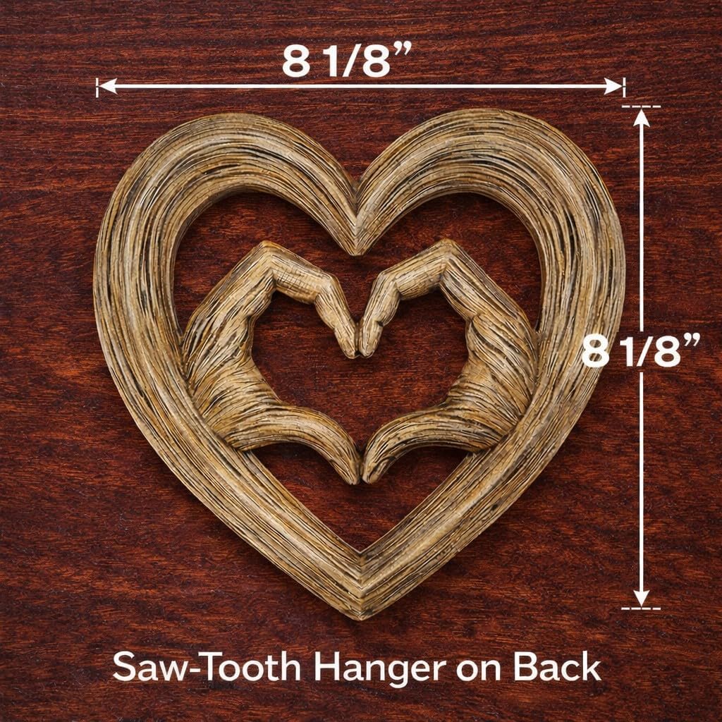 Top Brass Heart Hands Wall Decor – Romantic Resin Heart Sculpture, 8 1/8" x 8 1/8” – Symbolic Love Wall Art with Sawtooth Hanger – Wood Grain, Matte Black, Rustic Bronze, Antique Silver Finish (Wood Grain)