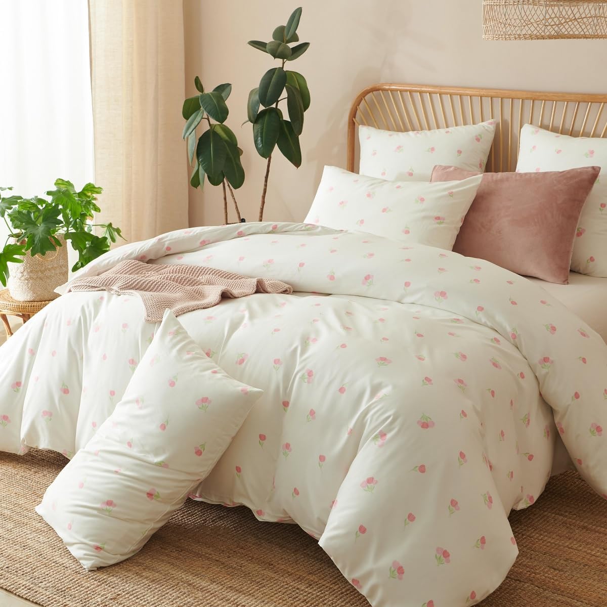 Amazon.com: Pink and White Duvet Cover Full Size - 3 Pcs Floral Flower ...