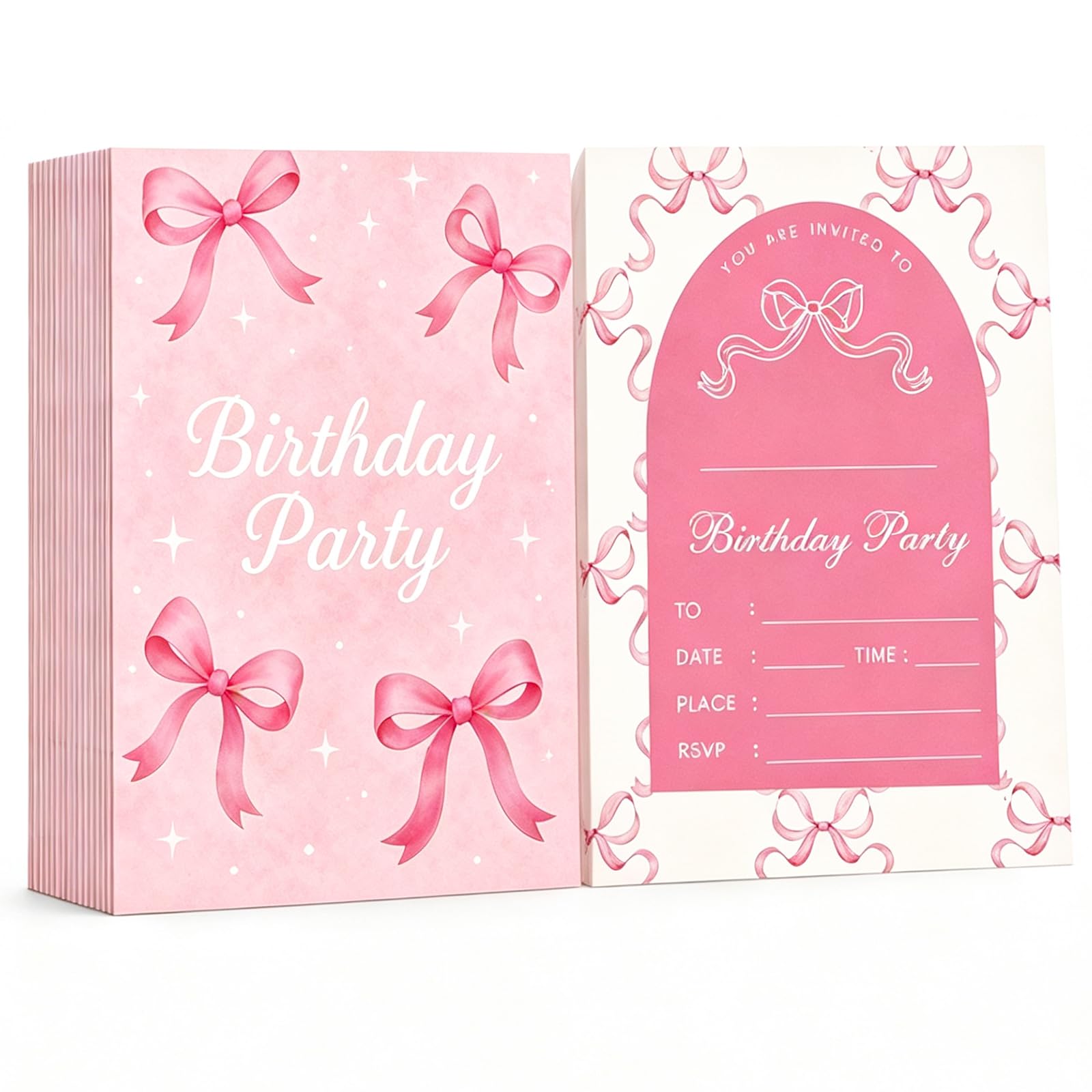 30Pcs Pink Bow Birthday Invitations, Coquette Birthday Party Invitations, Double-Sided Birthday Invitation Cards for Girls and Women, Elegant Invitation Cards for Bow Themed Party Supplies