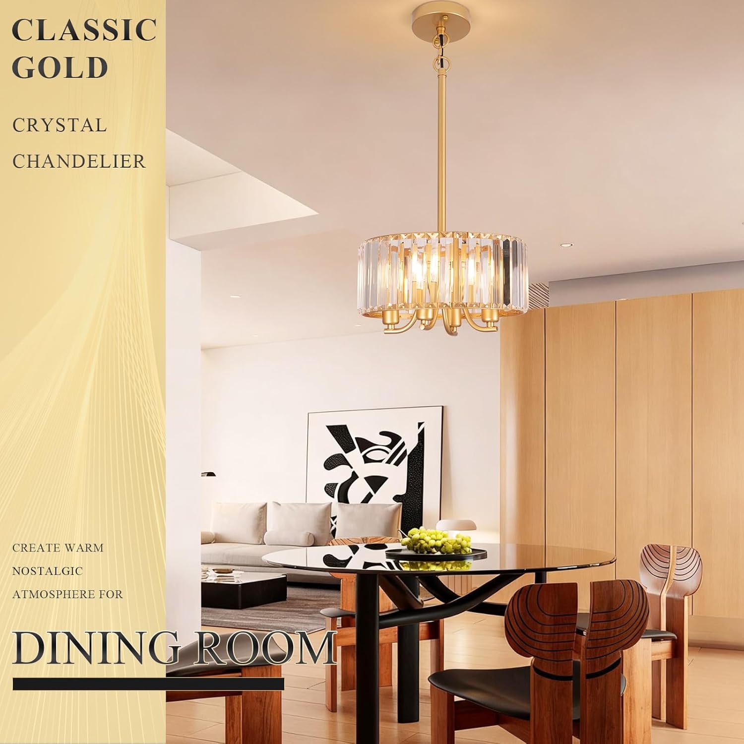 Gold Crystal Chandelier, 4-Light Candle Style Crystal Drum Chandelier, Modern Semi Flush Mount Ceiling Chandelier Light Fixtures for Dinning Room Living Room Kitchen Bedroom Hallway Entryway,11.6 Inch
