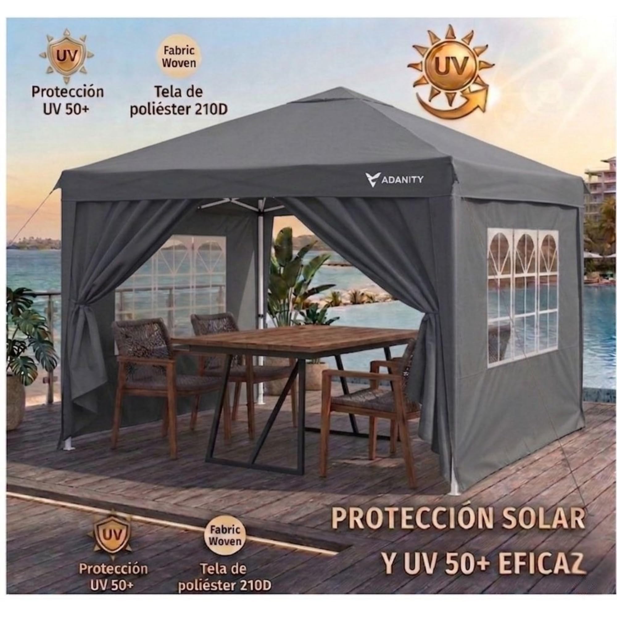 Lot de 2 tonnelles Pliantes 3 x 3 m Grises – 4 parois avec fenêtres et Porte, Toile Oxford 210D imperméable et Anti-UV, Structure en Acier – Sac et kit de Fixation Inclus