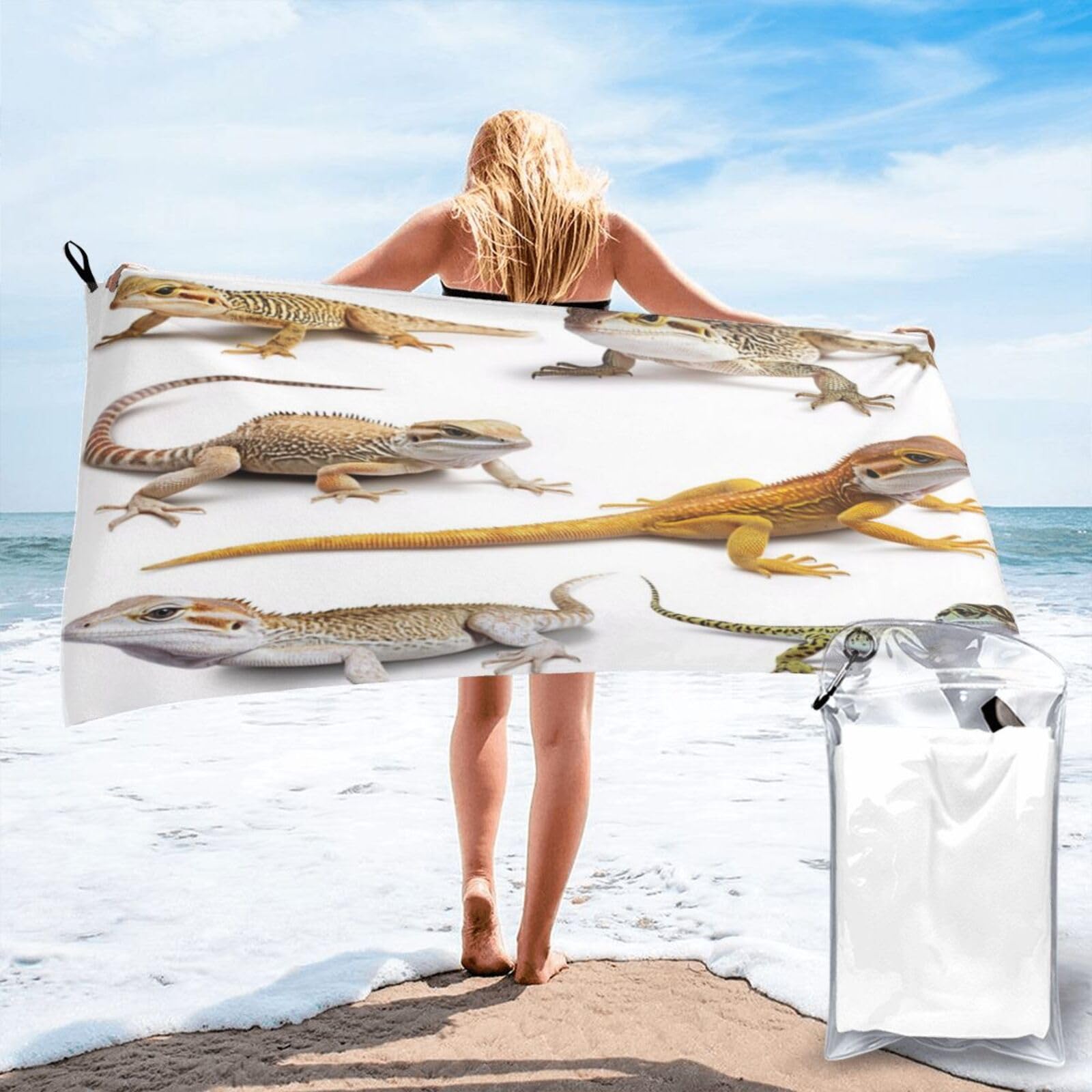 Anceky Photograph of Various Lizards, White Background 00002 Quick Dry Microfiber Travel Towel with Carry Case and Carabiner 27.5"X55"