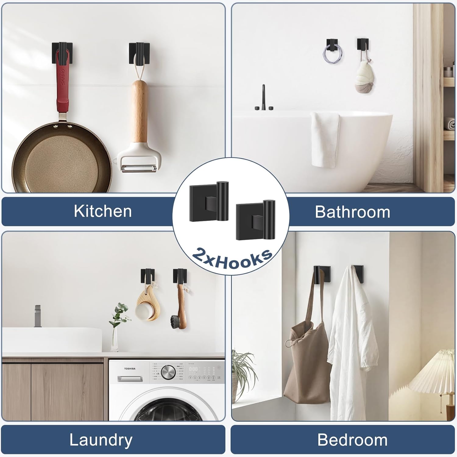 TURS 5-Pieces Matte Black Bathroom Hardware Set 23.6 Inch SUS304 Stainless Steel Towel Bar Set Wall Mounted Square Toilet Paper Holder with Shelf