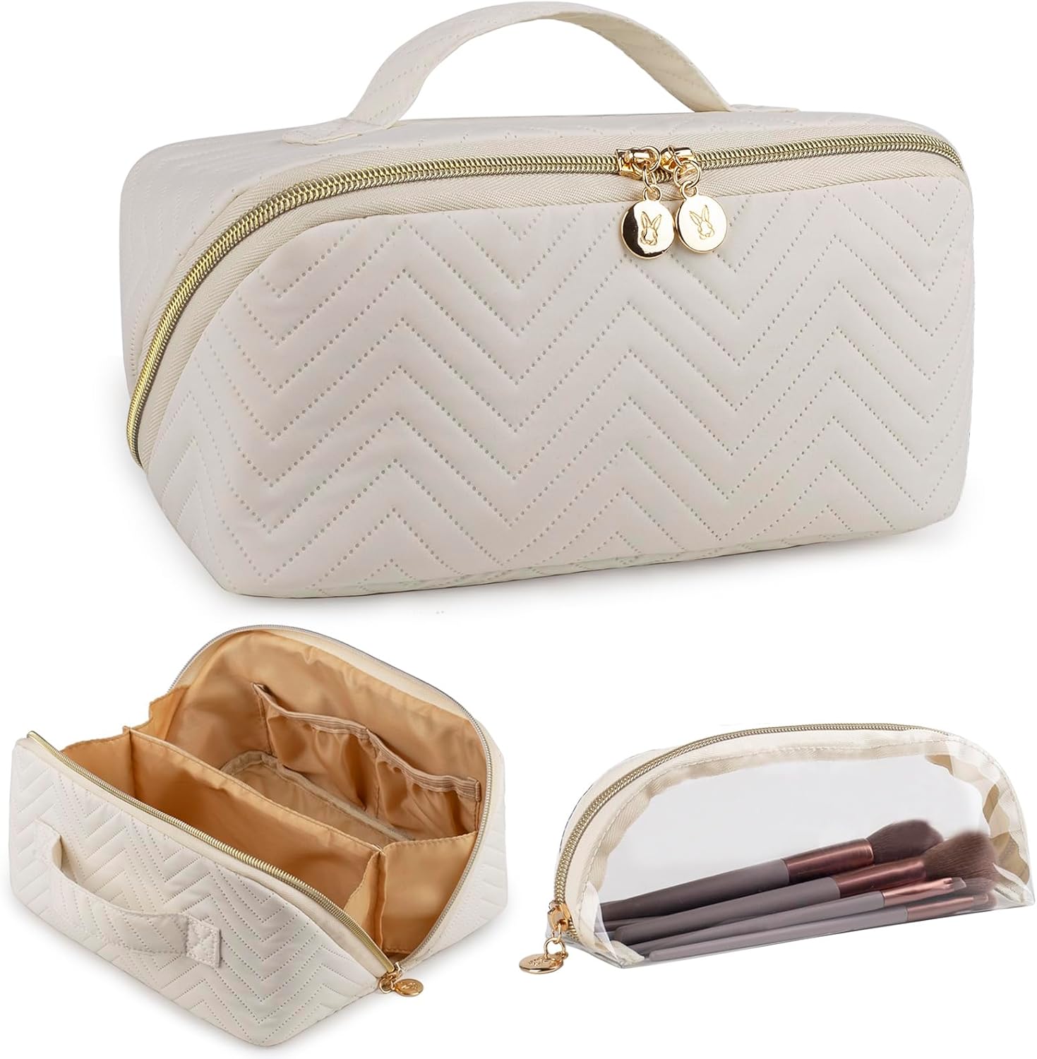 Makeup Bag Cosmetic Bag, Large Capacity Travel Makeup Bag for Women with Portable Pouch Open Flat Water-resistant Toiletry Organizer Bag with Handle (Beige with Brush Holder) Makeup Bag Cosmetic Bag, Large Capacity Travel Makeup Bag for Women with Portable Pouch Open Flat Water-resistant Toiletry Organizer Bag with Handle (Beige with Brush Holder)