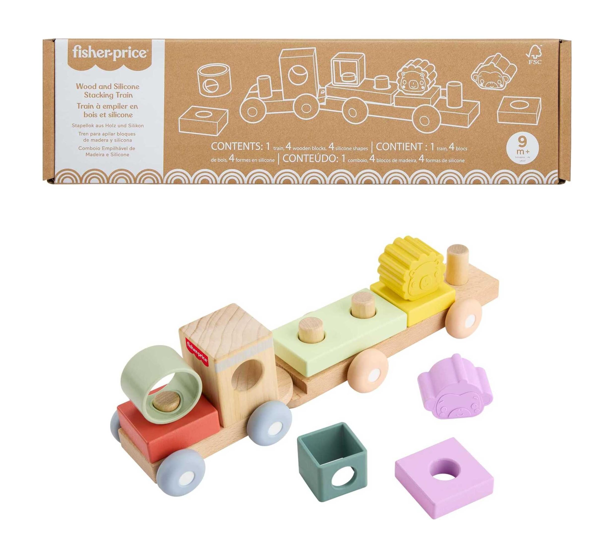 Fisher-Price Wood Baby Toy Stacking Train, 9-Piece Activity with Silicone & Wooden Blocks for Infants & Toddlers Ages 9+ Months