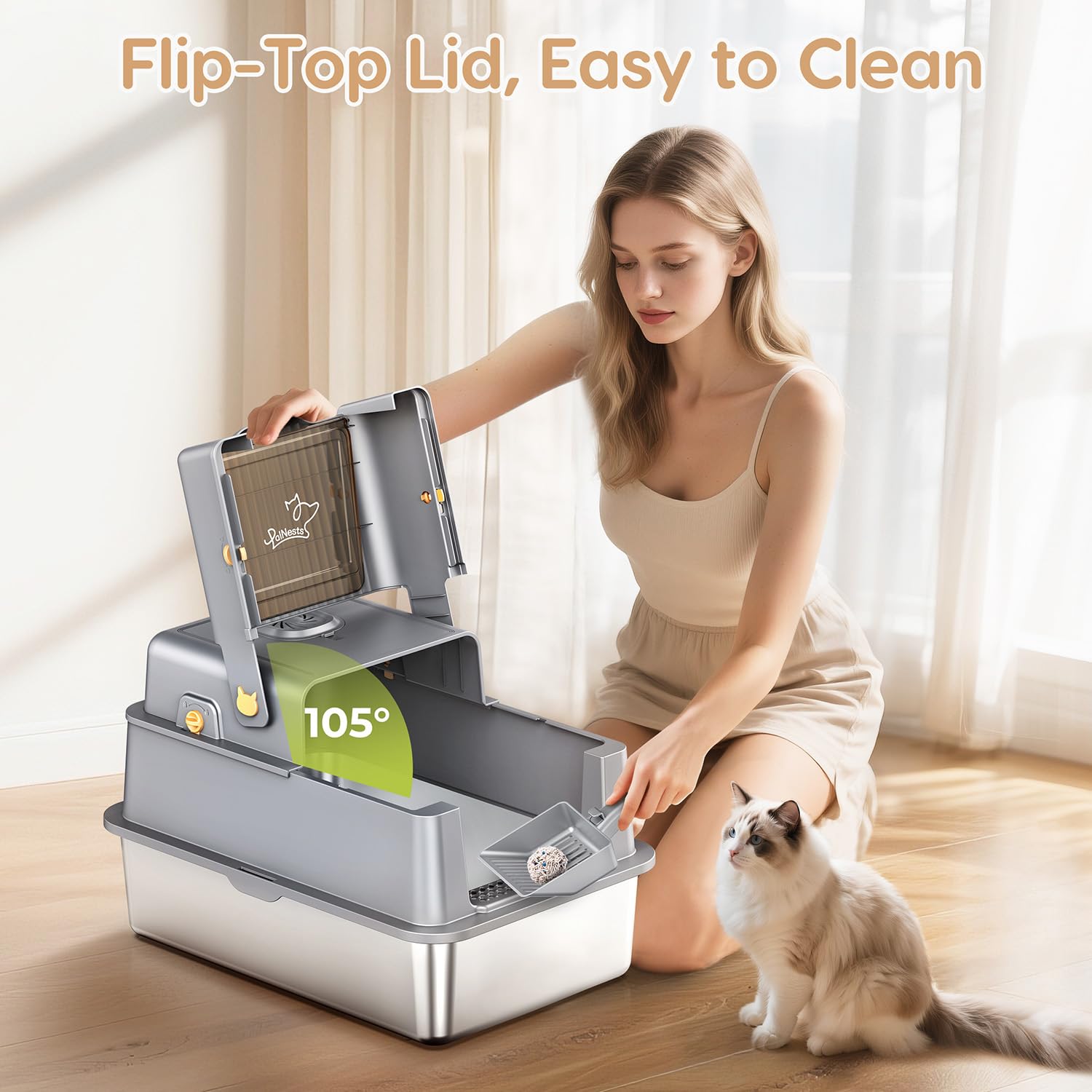 L6 Pro-Stainless Steel Litter Box with Lid, 80L XXL Extra Large Enclosed Metal Cat Box for Kitty&Big Cats, Odor Control-Litter Companion x1, High Sided Enclosure, Anti-Leakage, Litter Scoop & Mat-Grey