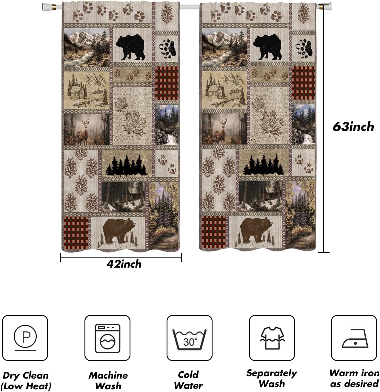 Rustic Farmhouse Curtains 42" W x 63" L Bear Deer Cabin Western Brown Country Style Antique Vintage Retro Wildlife Woodland Living Room Bedroom Window Drapes Treatment Fabric 1 Pai
