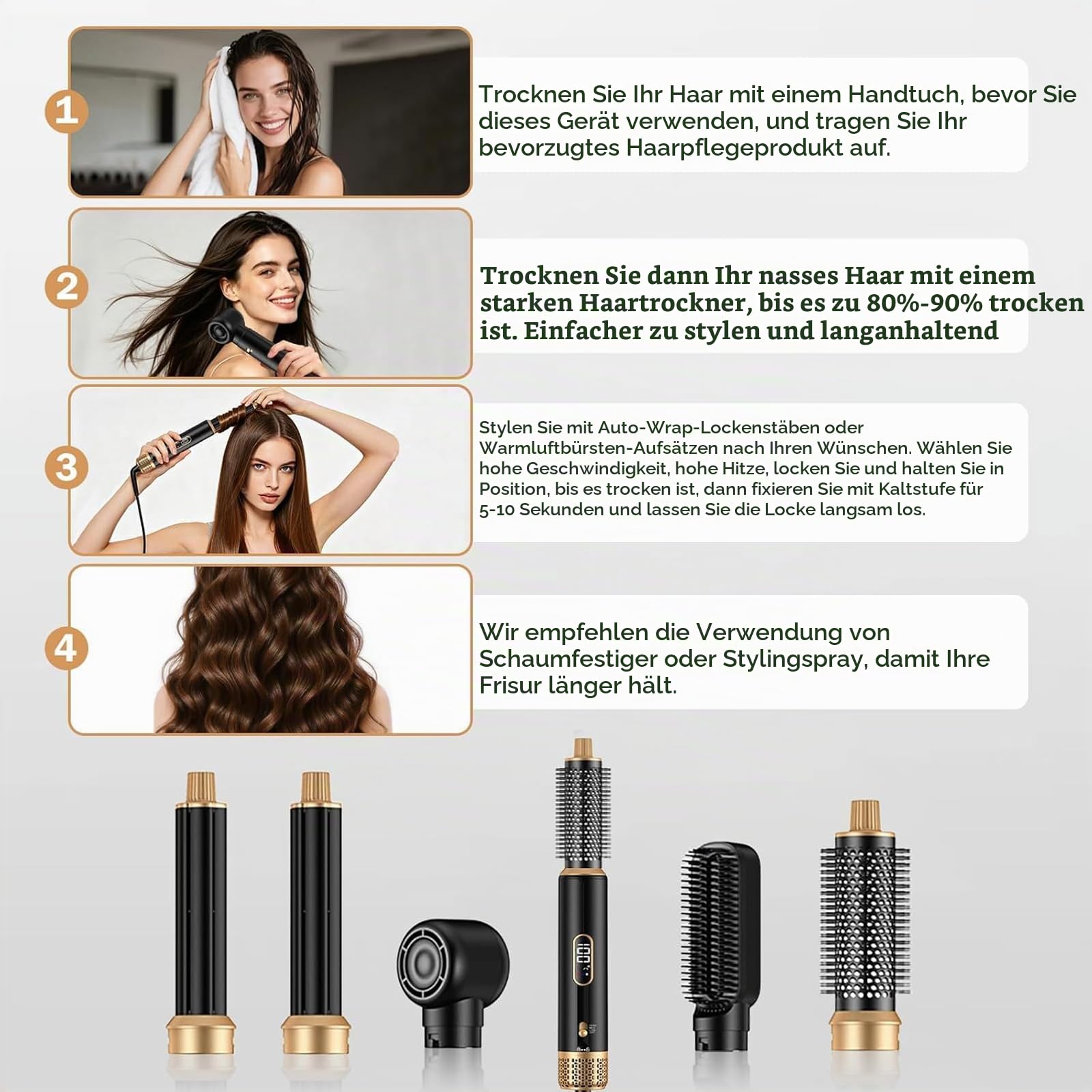 Hair Styler Set 5 in 1 mit LCD-Temperaturanzeige 1000W | Haarstyler,Ionen-Haartrockner&Warmluftbürste,3 Heizstufen,Rundbürstenföhn Hairstyler Set Für Glätten Trocknen Volumen Locken