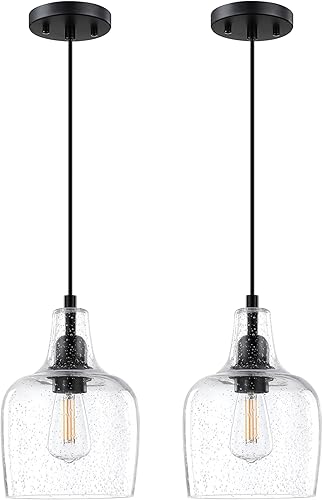 Paquete de 2 lámparas colgantes para isla de cocina para interiores, 6.1 pulgadas, lámparas colgantes de vidrio sembrado transparente, acabado