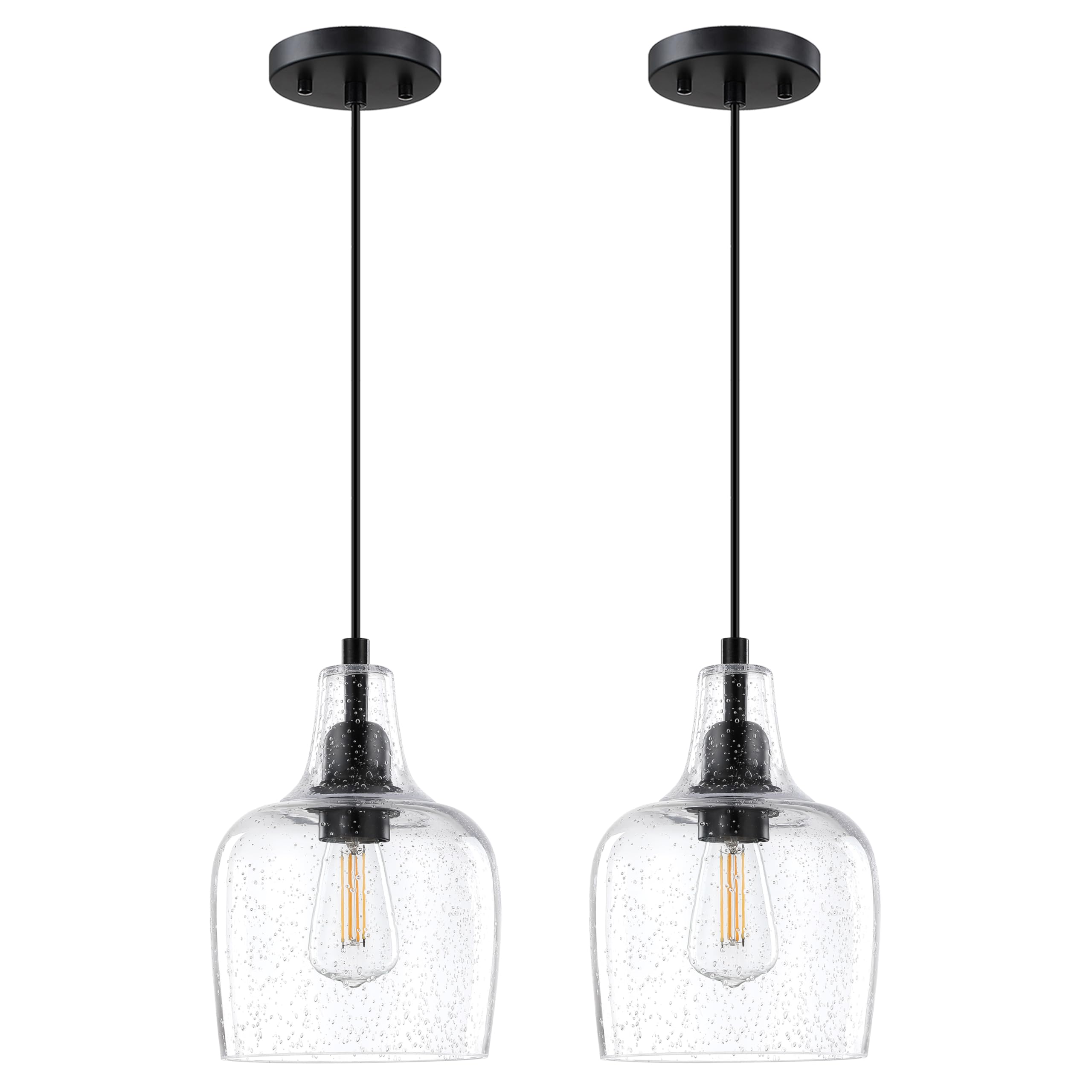 2 Pack 1 Light Hanging Indoor Kitchen Island Pendant Light 6.1" Clear Seeded Glass Pendant Light Fixtures Black Finish Modern Farmhouse Dinning Over Sink