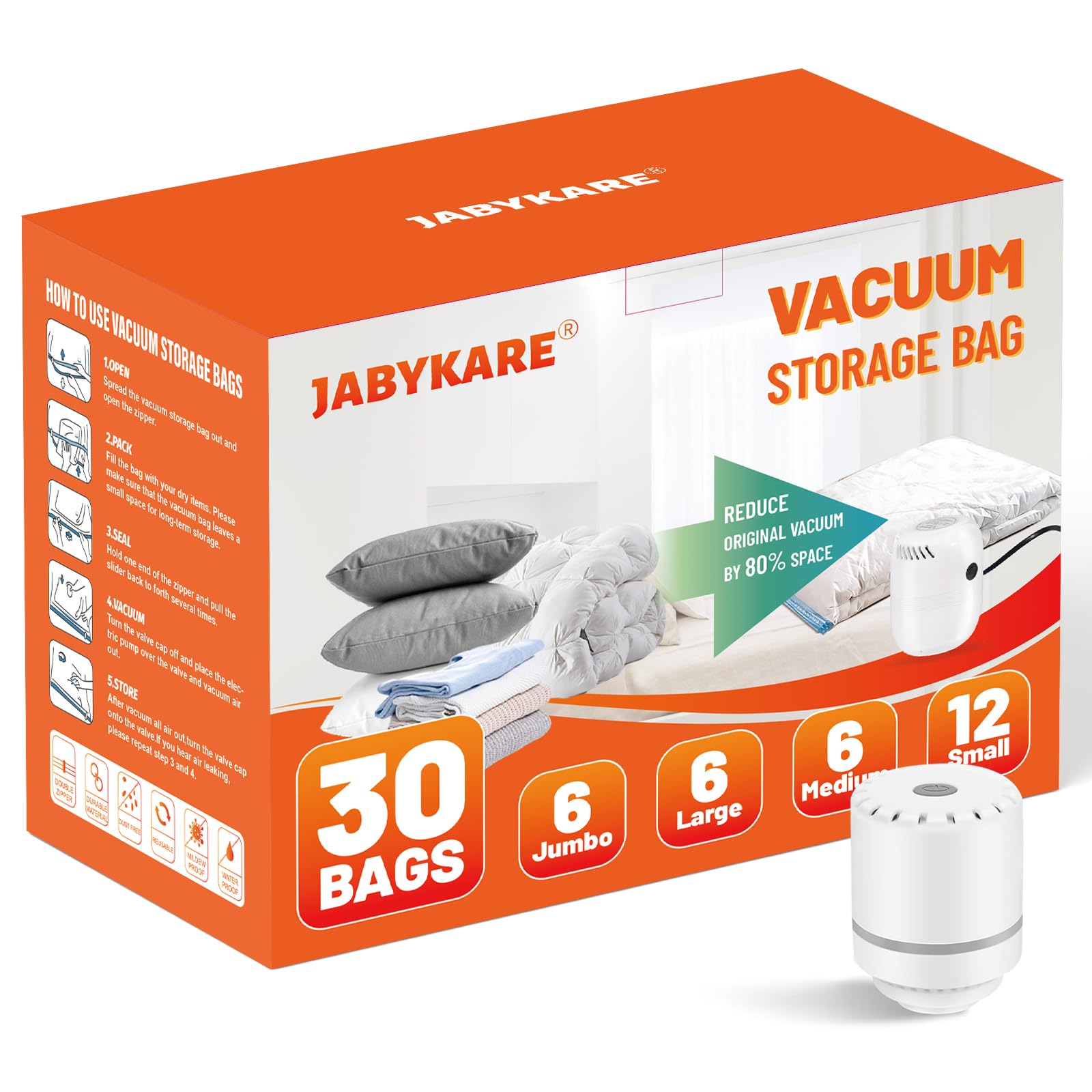 Jabykare 30 Combo Vacuum Storage Bags with Electric Air Pump - Vacuum Sealer Bags Storage Clothes, Space Saver Bags for Storage Clothes, Home Storage & Organisation, Home Storage & Organisation