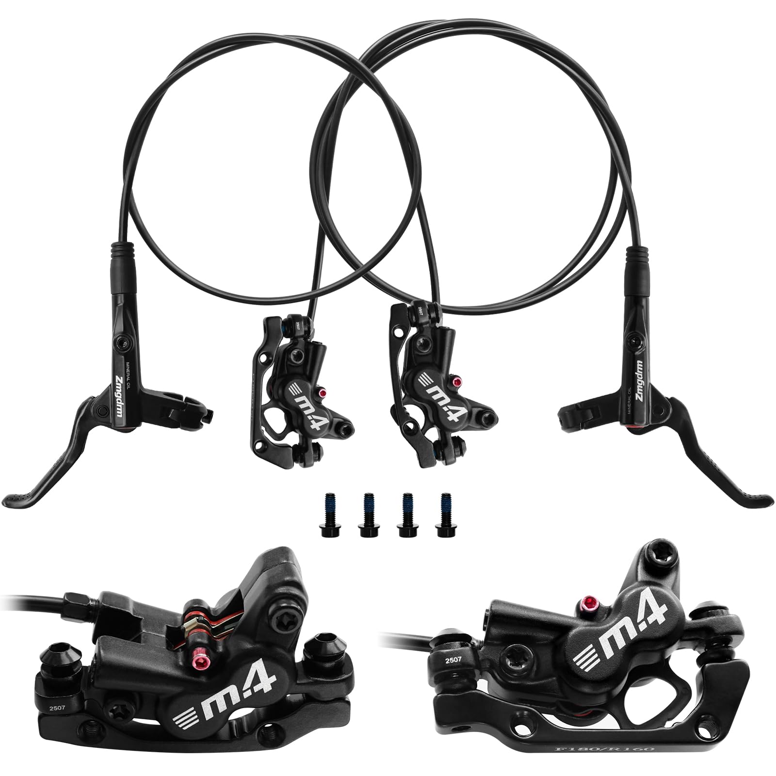 ZTZ 4-Piston MTB Hydraulic Brake Set, Left Front 850mm and Right Rear 1600mm Hydraulic Disc Brake Kit with PM/is Adapter, Fits for eBike, Mountain Bike and BMX