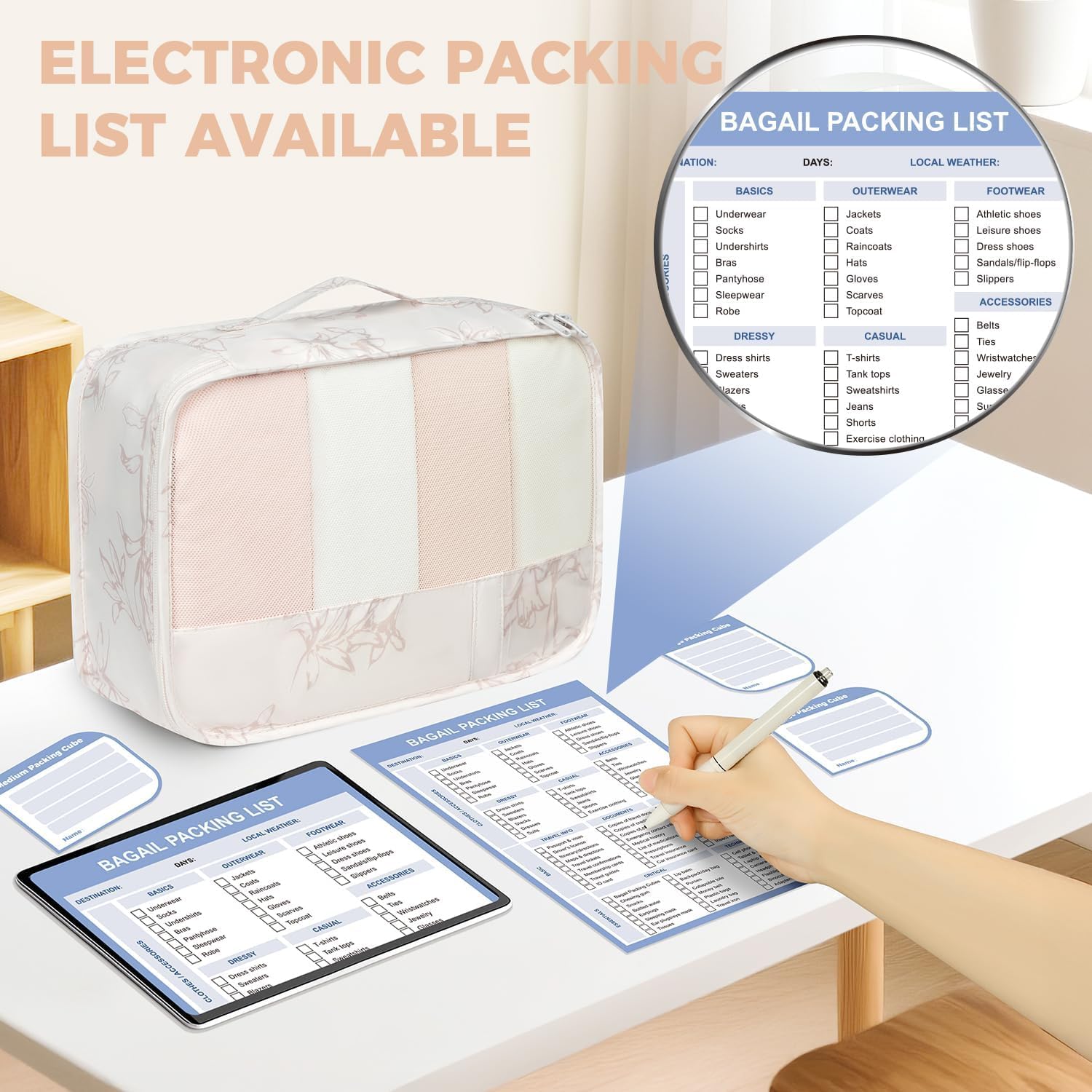 BAGAIL 9 Set Packing Cubes with Packing List Luggage Packing Organizers for Travel Accessories (Pink floral)