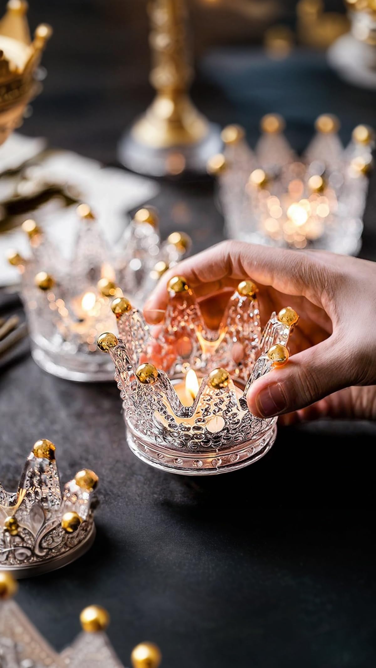 Sweet seven Crown Glass Candle Holder, Jewelry Storage, Retro Tea Light Holder, for Living Room Wedding Party Decorations (Glass, Gold)