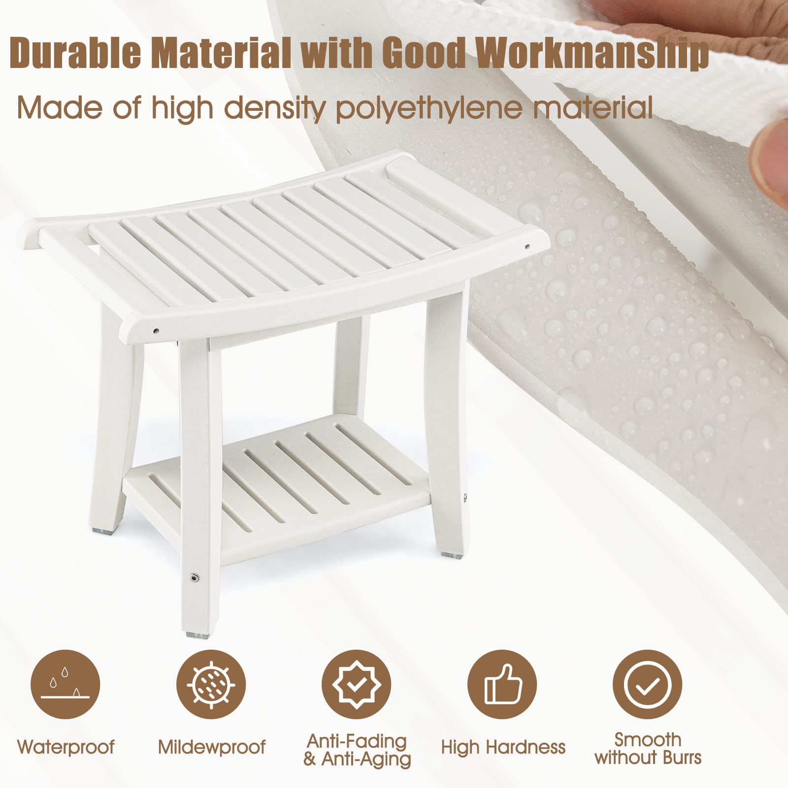 LIFEZEAL Tabouret de Salle de Bain à 2 Niveaux, Banc de Douche Solide en HDPE Jusqu’à 150 kg, Tabouret de Douche avec étagère de Rangement pour Adultes, Seniors, Blanc (60,5 x 34 x 48 cm)