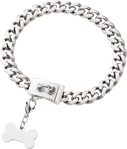 Miniatura 49 de Collar de perro de acero inoxidable, collar de joyería de bulldog con encanto, impermeable, oro rosa, negro, plata, resistente, collar de perro