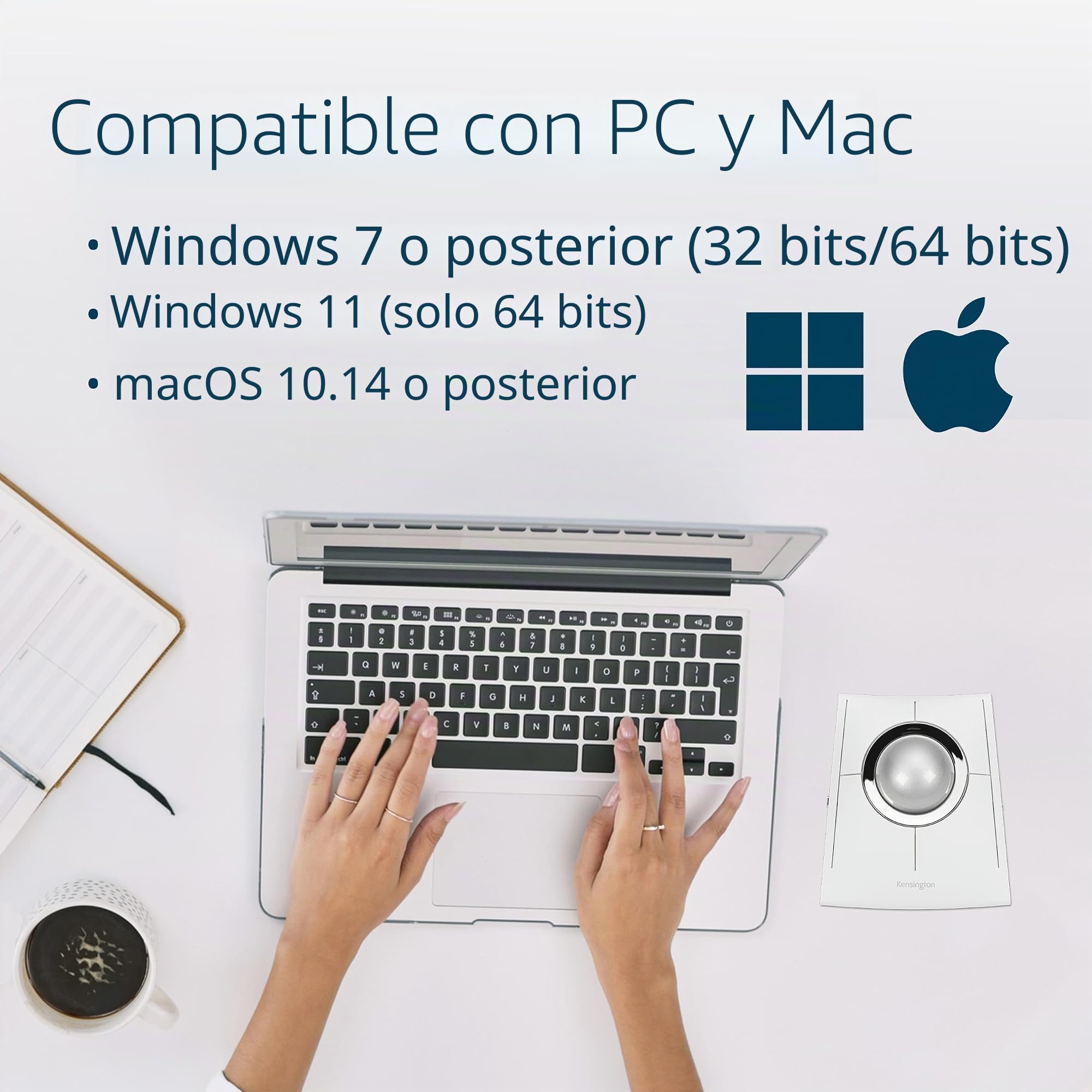 Kensington SlimBlade Pro EQ - Trackball inalámbrico, Bluetooth, conexión de 2,4 GHz, Recargable, Botones programables, Bola Blanca/Plateada