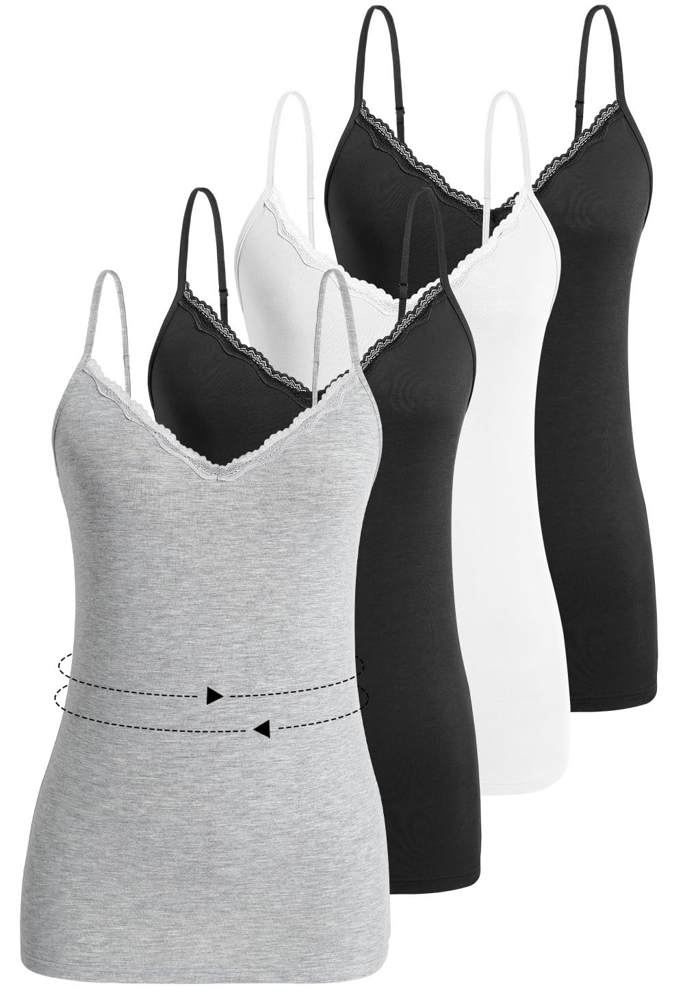 Komfokore 4 Stück Camisoles für Damen V-Ausschnitt Unterhemd Einstellbare Spaghetti Strap Lace Tank Tops