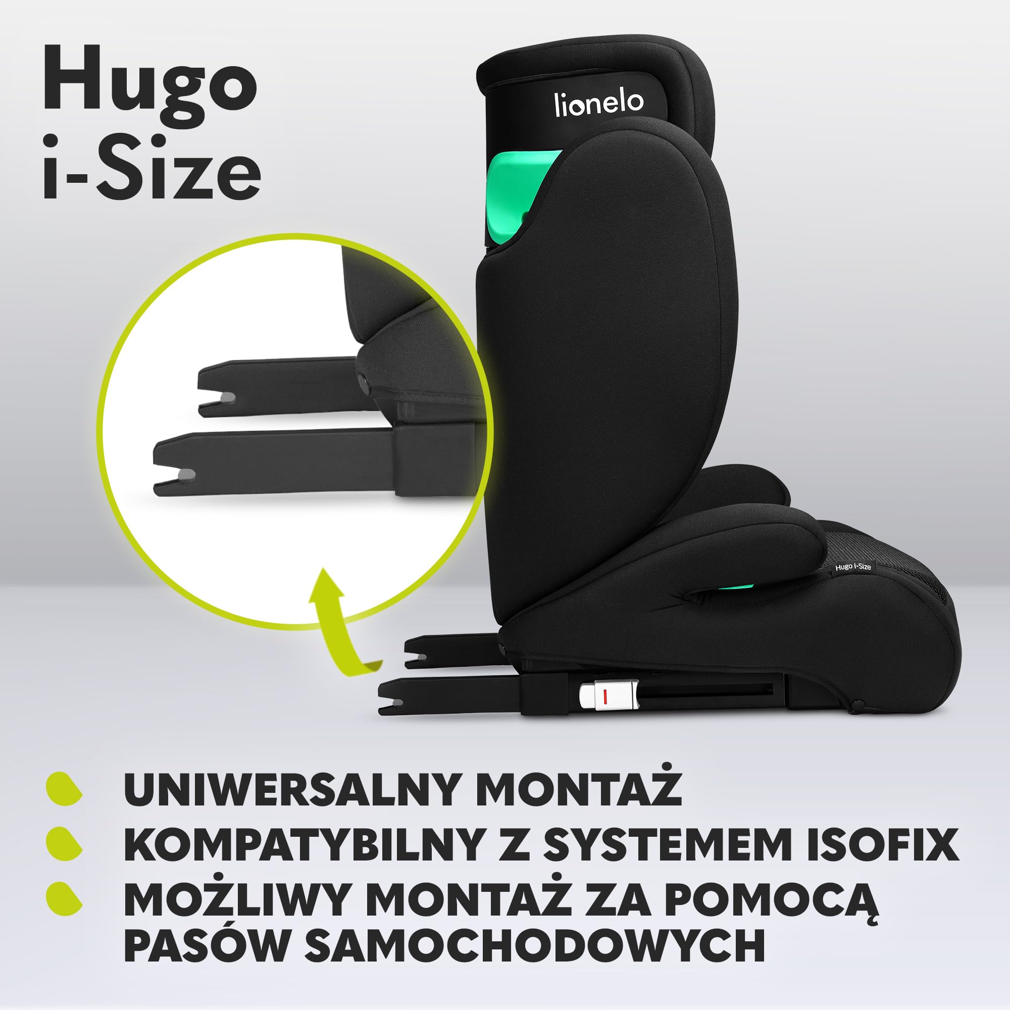 LIONELO HUGO I-SIZE Fotelik Samochodowy Dziecięcy, Grupa 2 3, od 100-150 cm Montaż ISOFIX Regulowany Zagłówek Memory Foam Ochrona Boczna Wygodne Podłokietniki Wypinane Oparcie