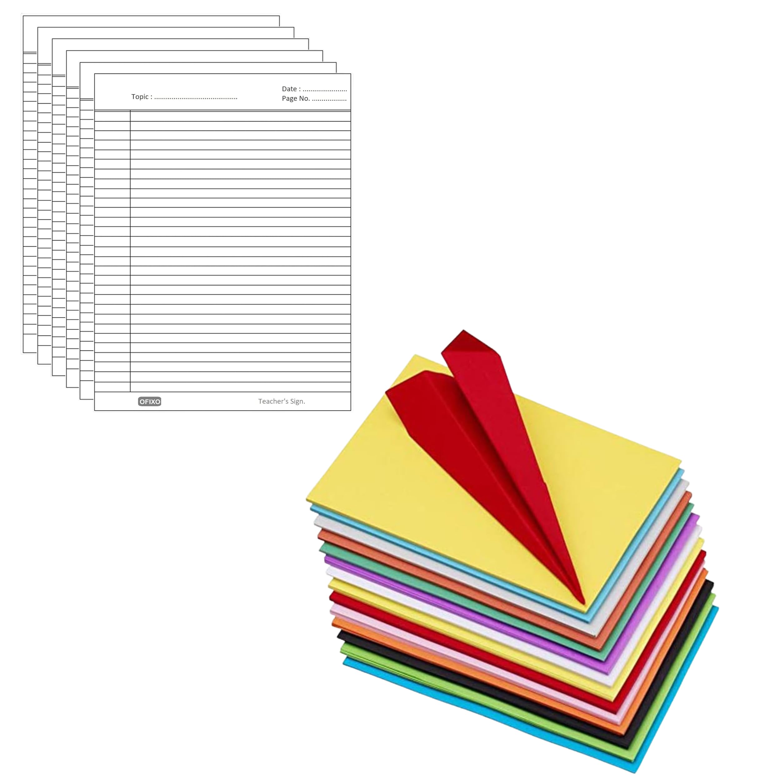 OFIXO Classroom & Craft Essentials Combo | Hojas rayadas A4 a ambos lados (100 hojas) y hojas de colores surtidos A4 (100 piezas) - Ideal para la escuela, oficina, notas y proyectos creativos