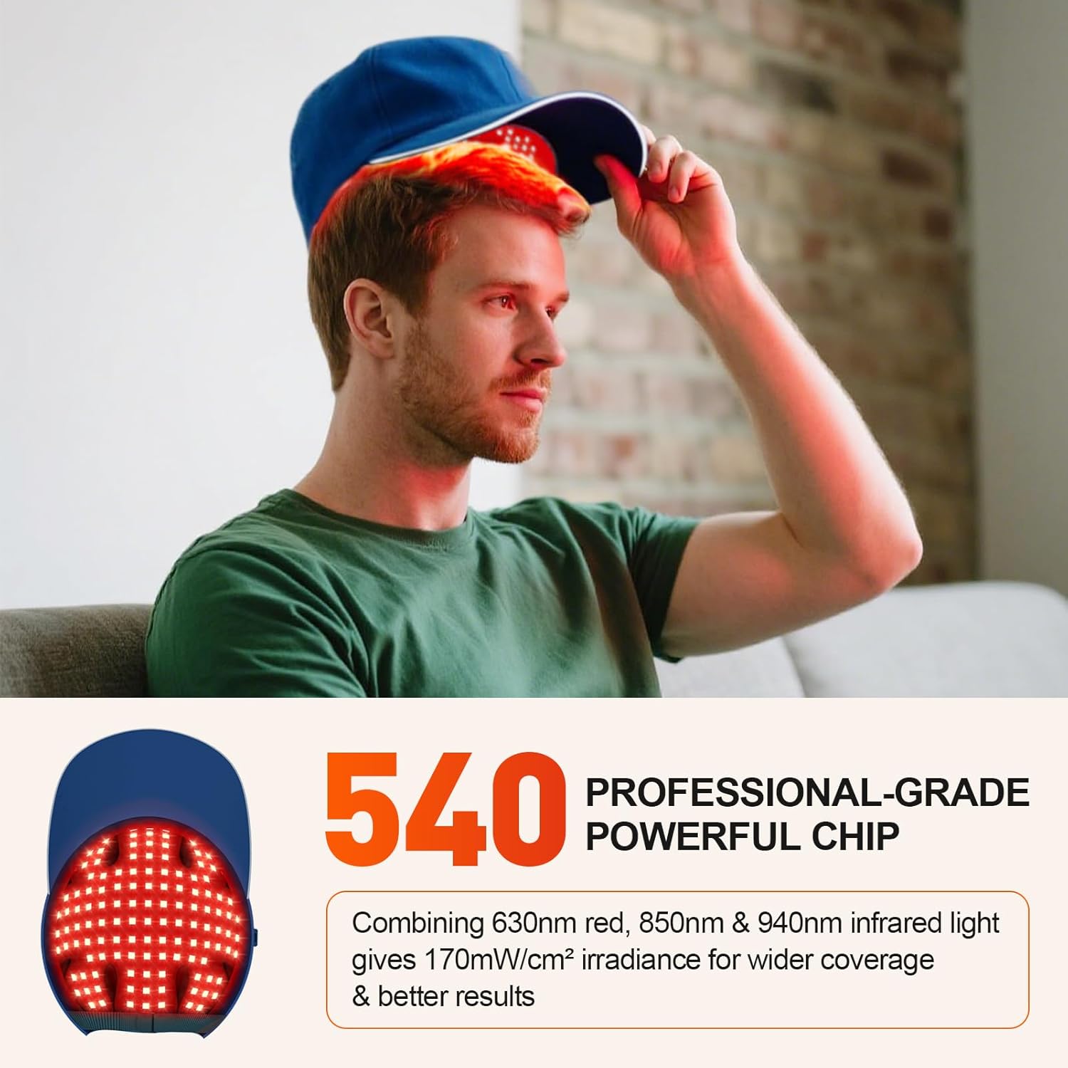A man wearing the Red Light Cap, with text highlighting '540 Professional-Grade Powerful Chip' and '170mW/cm² irradiance'.