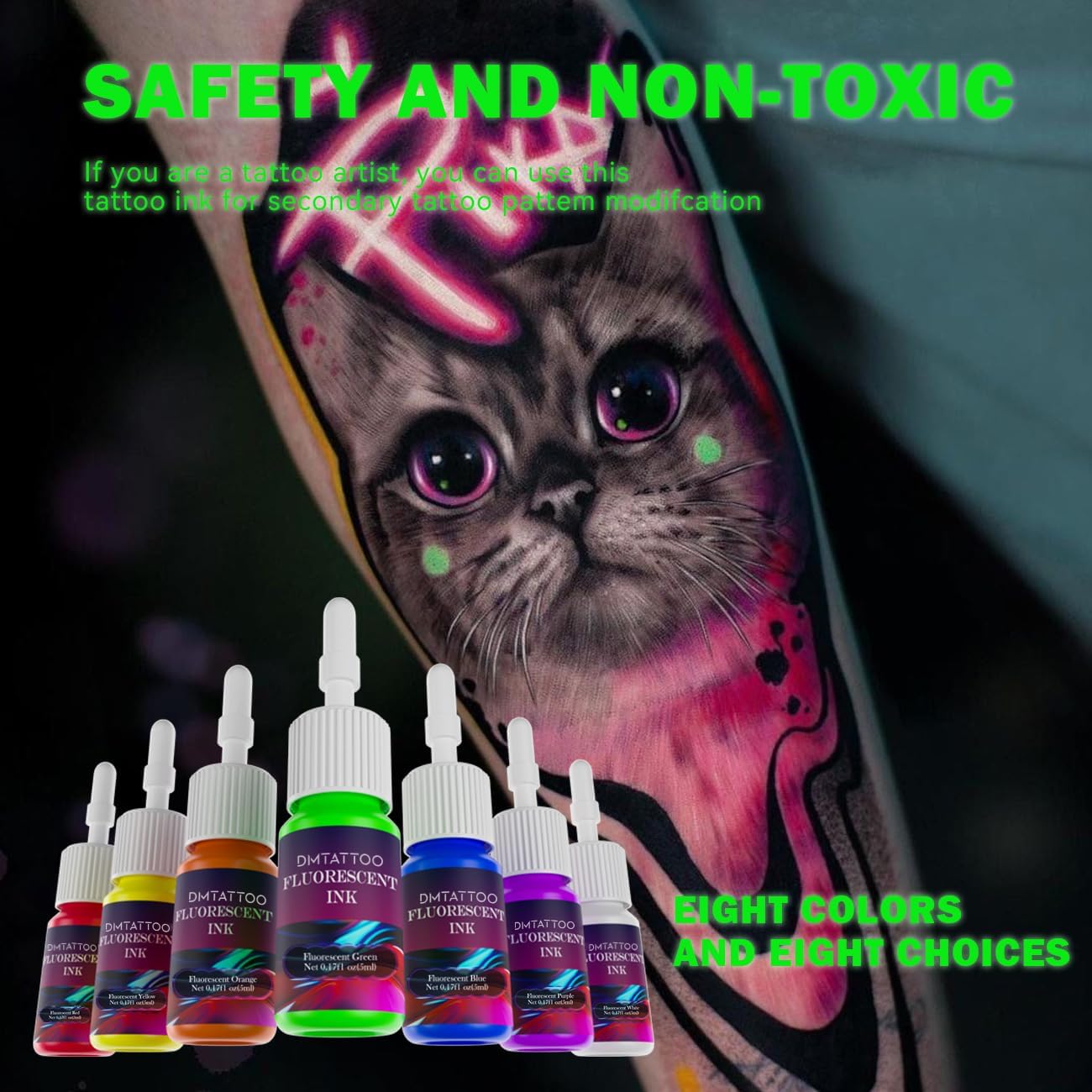 8Color Fluorescent Tattoo Ink Set, 8Pcs Tattoo Ink Color Set,Glow in The Blacklight, Skin-Safe Permanent Tattooing for 3D Makeup Beauty Skin Body Art, 0.17fl oz 5ml/Bottle