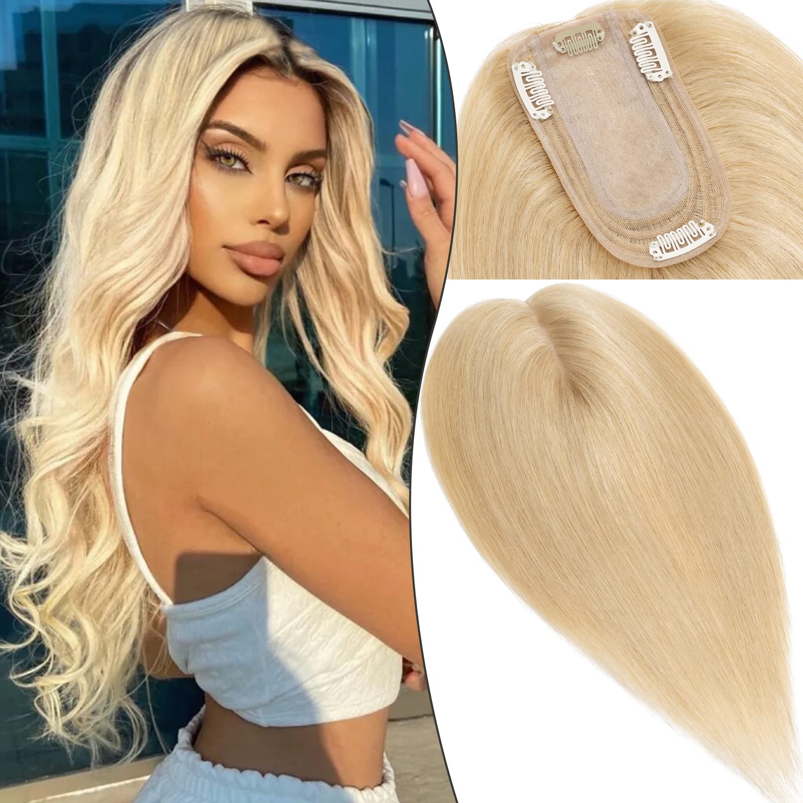 Human Hair Silk Base Topper 130% Density Clip-in Crown Hairpiece 14\
