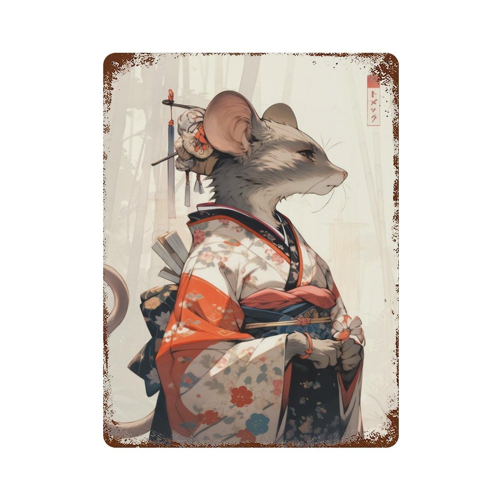 Rust Effect Edo Geisha Mouse Rusty Metal Tin Sign 15.7"x11.8", Old School Wall Decor for Pub, Kitchen And Man Cave Decor