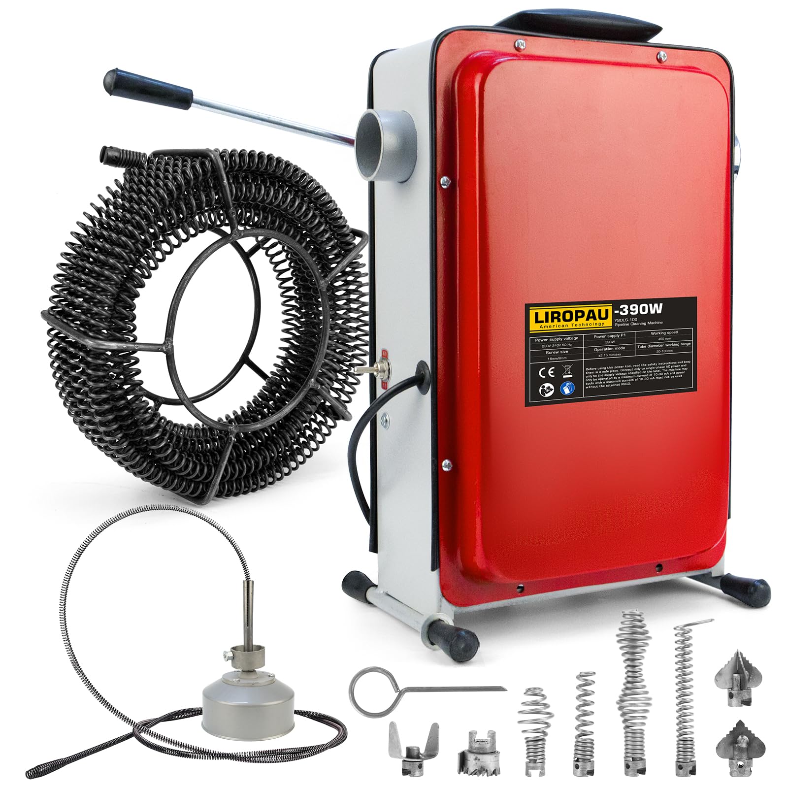 Elektryczna maszyna do czyszczenia rur 390 W, 450 obr./min, z przełącznikiem FI do rur Ø 20-100 mm, spirala do czyszczenia rur Ø 8 mm 10 m, spirale 16 mm 14,5 m, urządzenie do czyszczenia rur