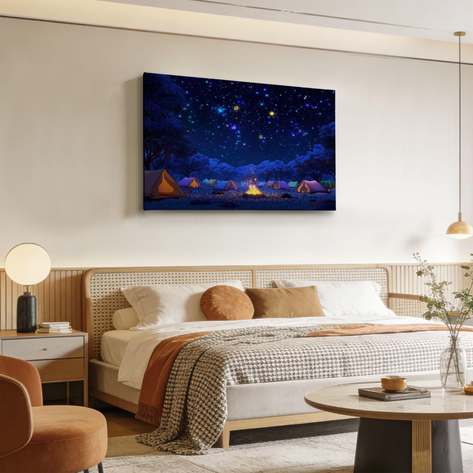 Generisch Cartoon Wald Sterne Lagerfeuer Modernes Leinwandbild 90L x 60B cm mit Rahmen, Marineblau XXL Wanddeko für Wohnzimmer Geschenk Idee Einzug - Hochwertiger Kunstdruck auf Holzrahmen