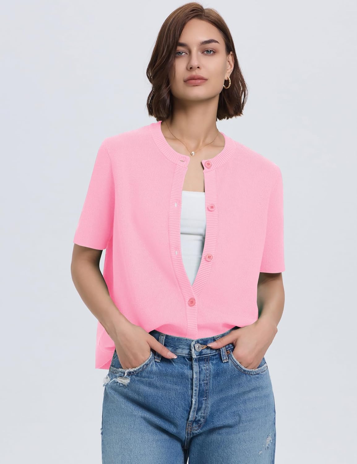 Lomon Womens Spring Summer Short Sleeve Cardigan Sweaters Trendy Crew Neck Button Down Lightweight Knit Outfit Y2k Clothes - Image 3