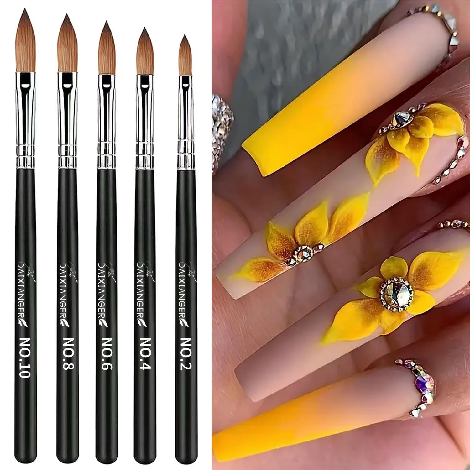 5PCS Acrylic Nail Brush Set,Size 2/4/6/8/10 Black Professional Nail Brushes for Acrylic Application Extension and 3D Carving for Nail Home Salon DIY