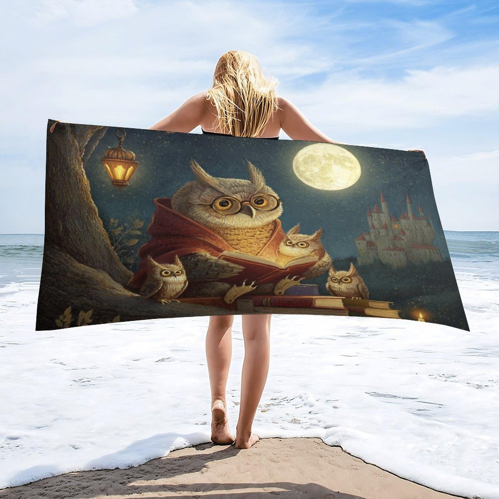 Luyysky Fantasy Classic Cute Owl Absorbent Beach Towel, Vintage Beautiful Full Moon Starry Sky Galaxy Castle Animal Owls Outdoor Single-Sided Velvet Beach Towel-80 W Cm X 160" L Cm