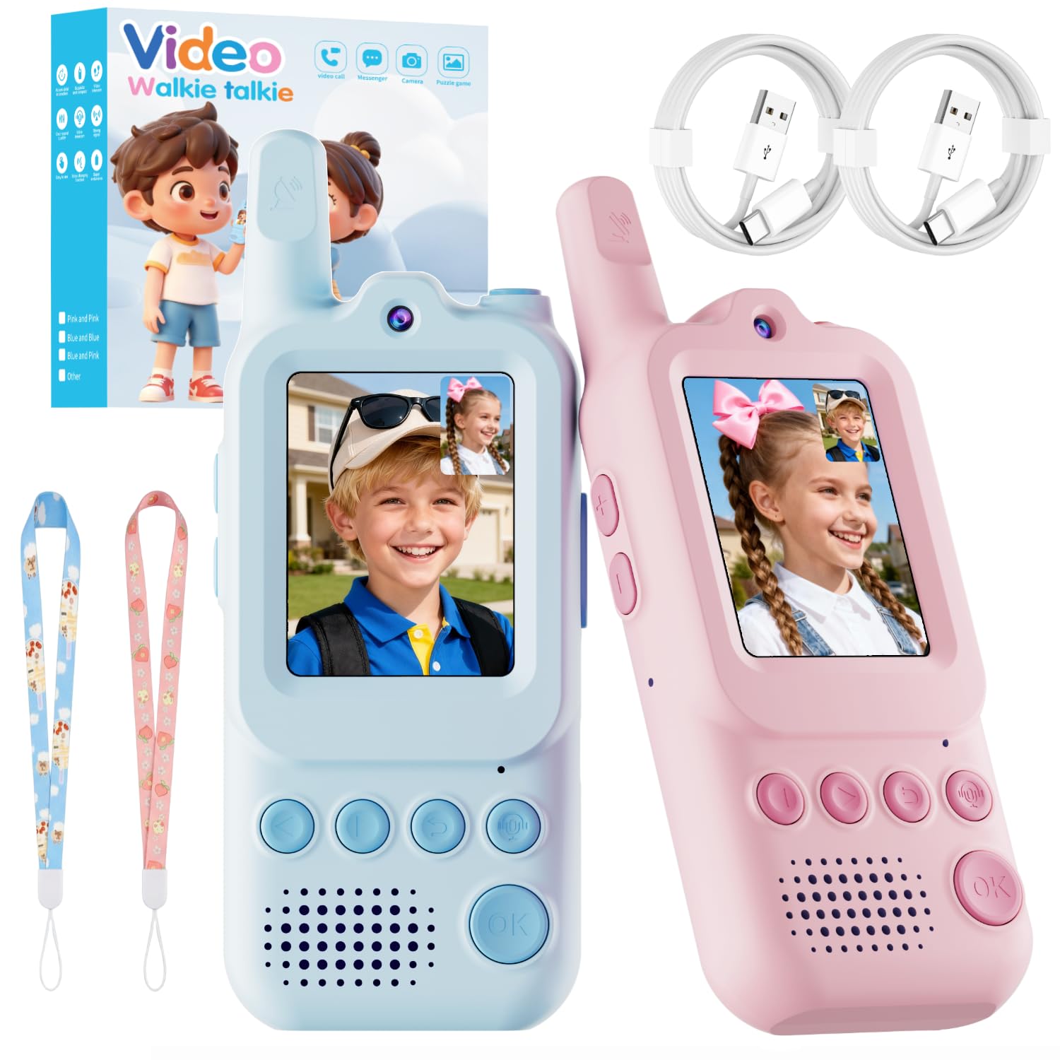 Video Walkie Talkies for Kids 2 Pack Rechargeable Video Intercom with Voice Changer, 1300FT Long Range Radios, Camping Hiking Toys, Birthday Gifts for Boys Girls Ages 3-12 (Pink&Blue)