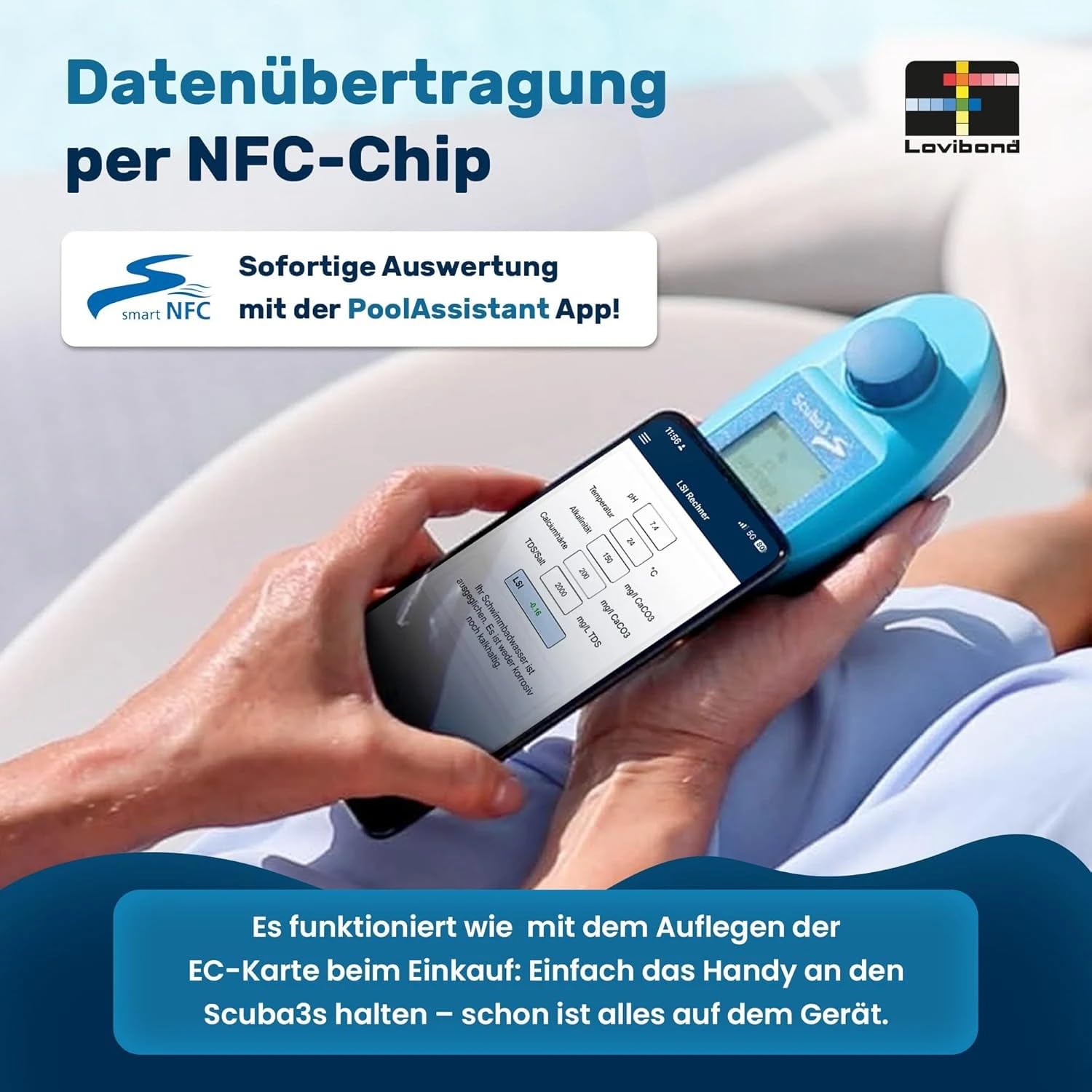 SCUBA 3s elektronischer Pooltester + Refill Pack - NFC-Datenübertragung App-Anbindung Lichtsignal-Anzeige - Misst 11 Wasserparameter - inkl. 60 Photometer-Tabletten - Made in Germany
