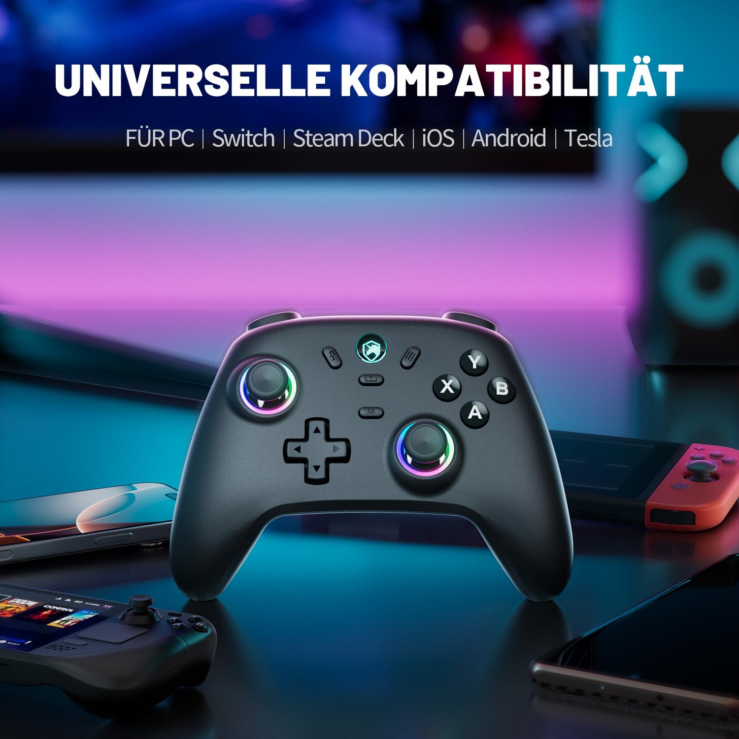ECHTPower PC Wireless Controller, 1000Hz Gaming Gampad mit RGB/Hall-Joystick/Turbo/Vibration/800mAh Wiederaufladbare Batterie, Wireless-Controller für PC/Switch 2/Switch/Steam Deck/Android/iOS/TV
