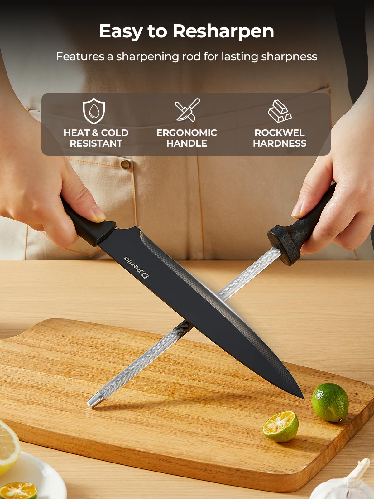 D.Perlla Couteau Cuisine, 15 Pièces Bloc Couteaux Cuisine en Acier Inoxydable, Ensemble de Couteaux Professionnels avec Bloc Couteaux en Bois, Super Aiguisé